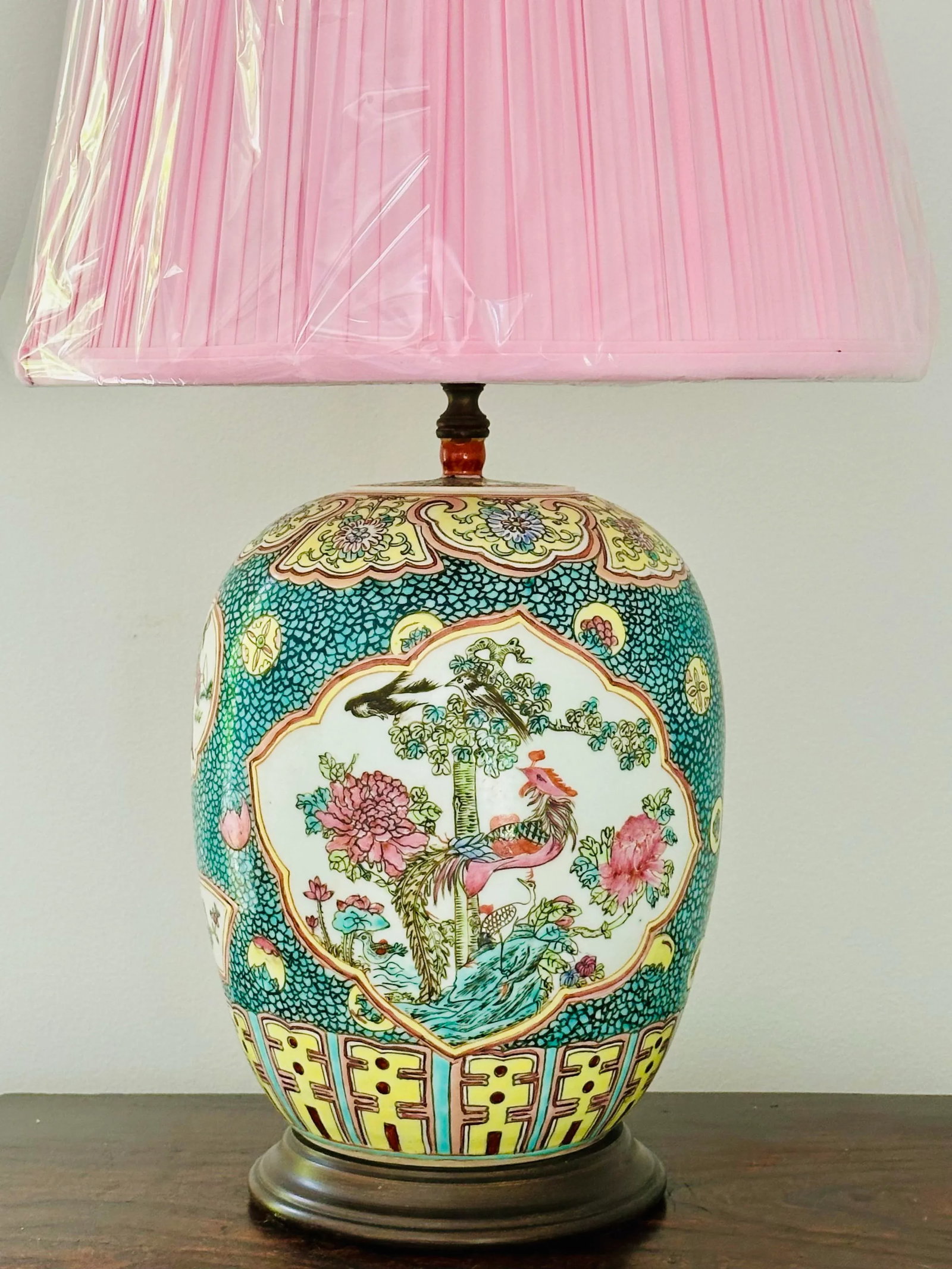 Chinese Export Porcelain Famille Rose Table Lamp With Fabric Shade - 8