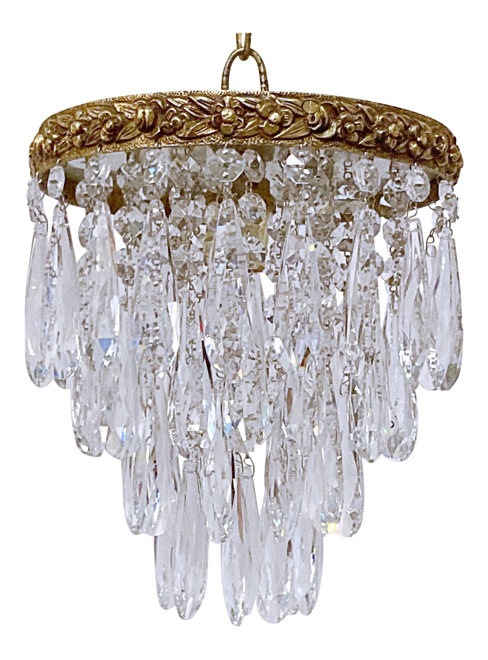 Antique Italian Bronze Upside Down Layered Cake Rim Chandelier: Italian upside down layered chandelier with bronze rim and 30% leaded faceted teardrop crystals. Restored, rewired and it has one Edison base socket that holds a maximum of 100W light bulb or equivale