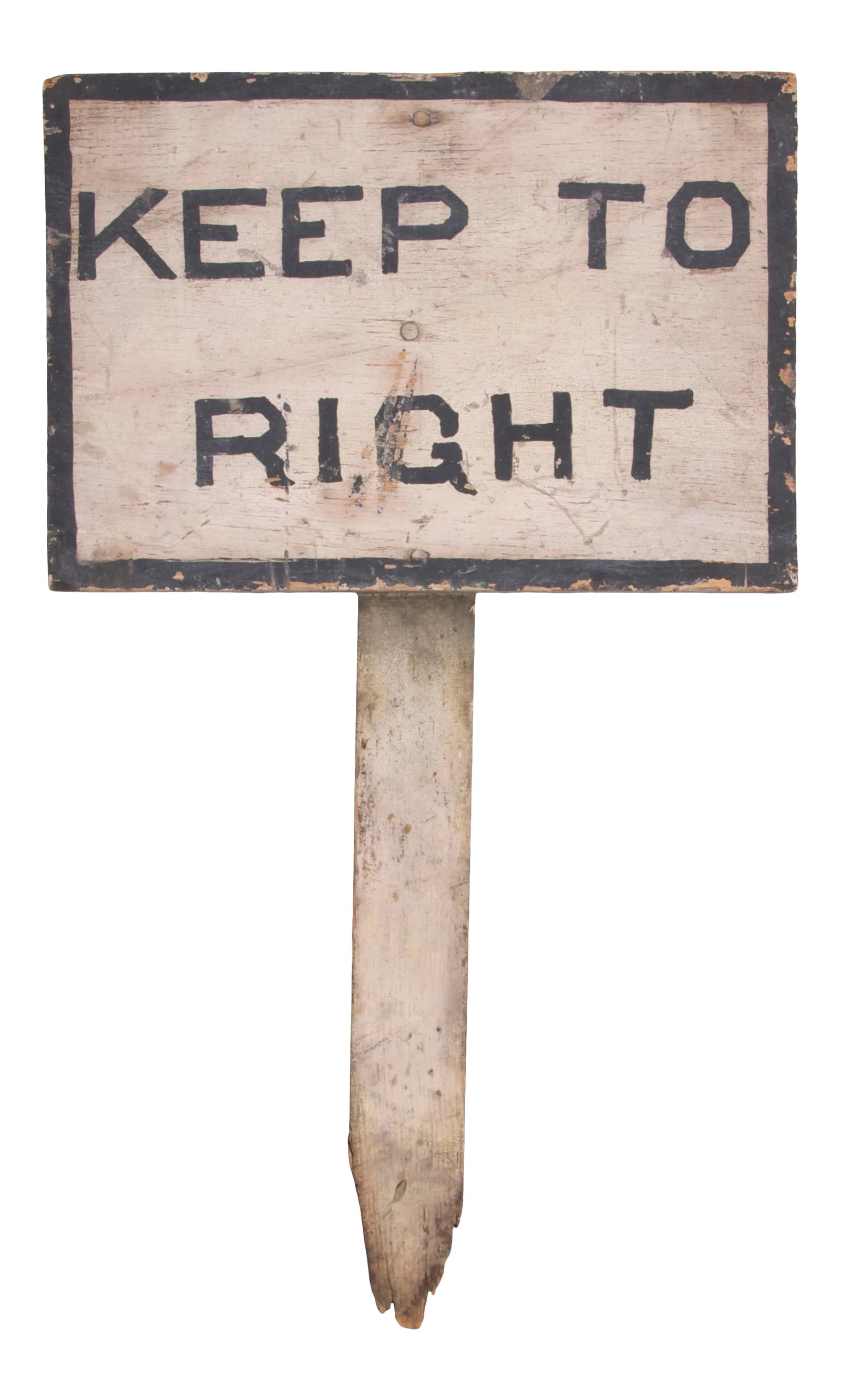 VIntage Keep to Right Wood Sign: Circa 1940s black and off white wood handmade one-sided "Keep to Right" sign. Sign is attached to original stake and measures 11"w x 7-5/8"h x .75"d. Wear, scratches, chips, discolorations.
