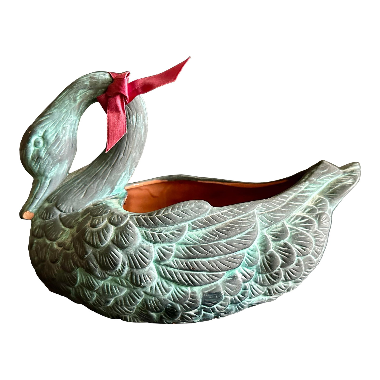 Vintage 1991 Terra Cotta Swan Planter Dish: Vintage 1991 Swan shaped Terra cotta planter. It is patina green in color with a removable red bow tied on its neck. Please see condition notes. Condition: Alterations: Original Condition Unaltered