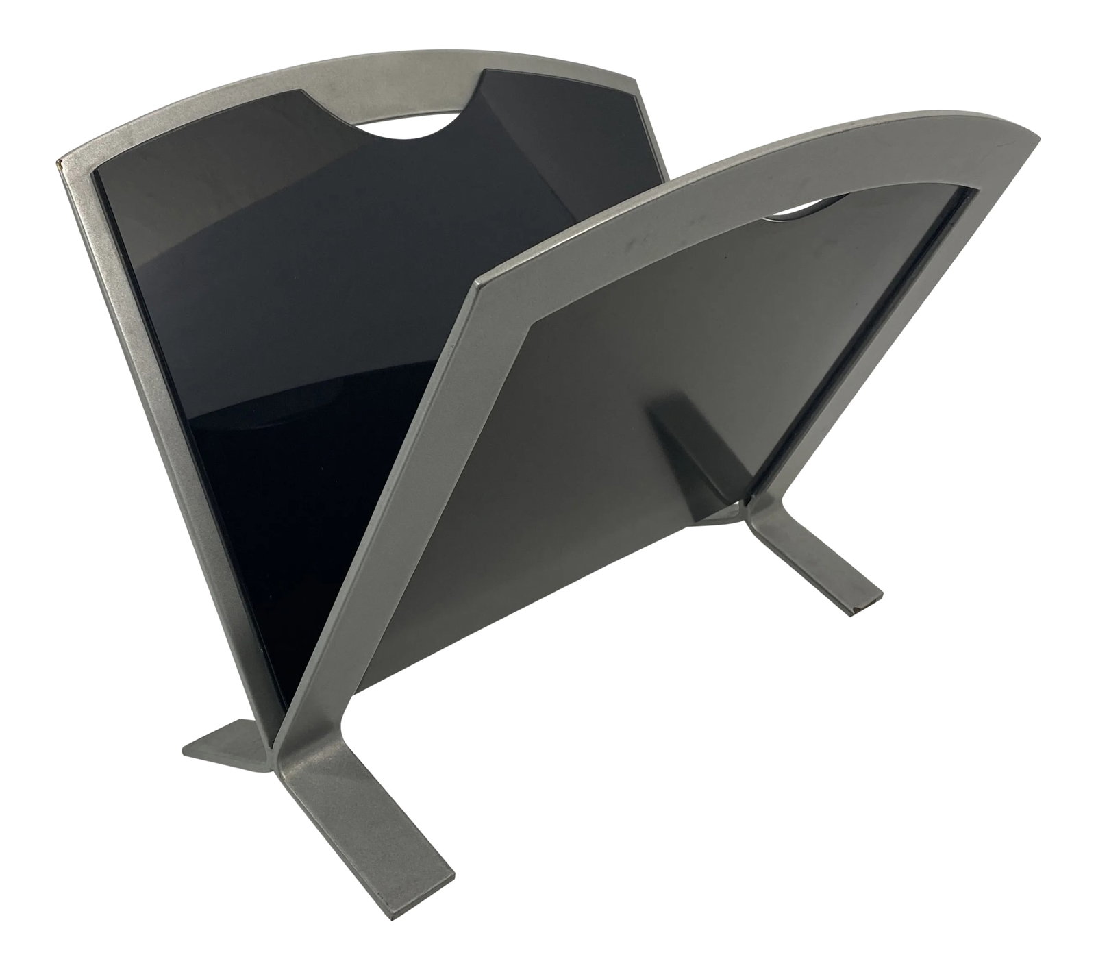 90s Metal and Black Glass Magazine Rack: Bent metal and black glass magazine rack circa 1990s. Excellent vintage condition with minimal wear and tear consistent with age and history. Condition: Alterations: Original Condition Unaltered Imper