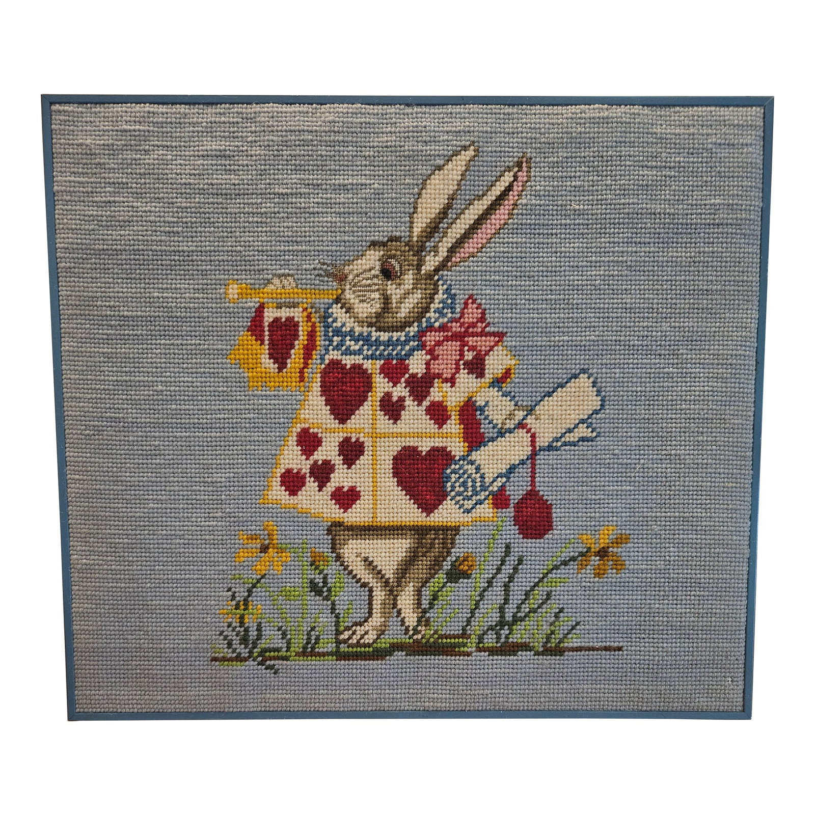 Time for the Queen Hearts Rabbit Cross Stitched Framed Art: Time for the Queen Hearts Rabbit Cross Stitched Framed Art Condition: Alterations: Original Condition Unaltered Imperfections: Some Imperfections Condition Notes: Age,Vintage Materials & Technique