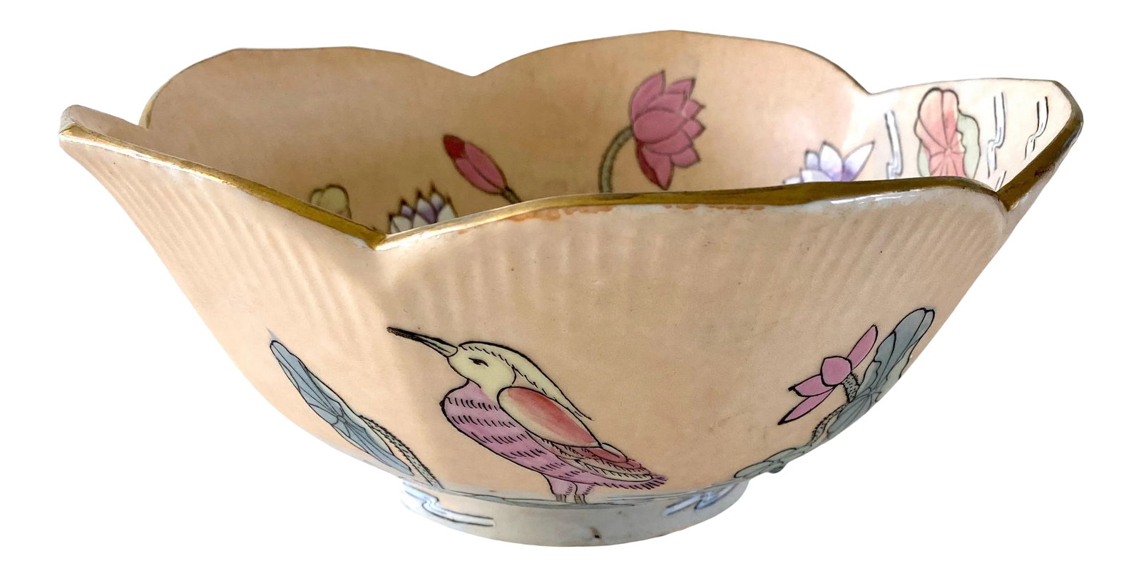 Lotus Shaped Chinoiserie Crane Decorative Bowl: Lotus shaped bowl with gilded edges. Pastel colored chinoiserie design of a crane and outdoor scene Condition: Alterations: Original Condition Unaltered Imperfections: Some Imperfections Condition