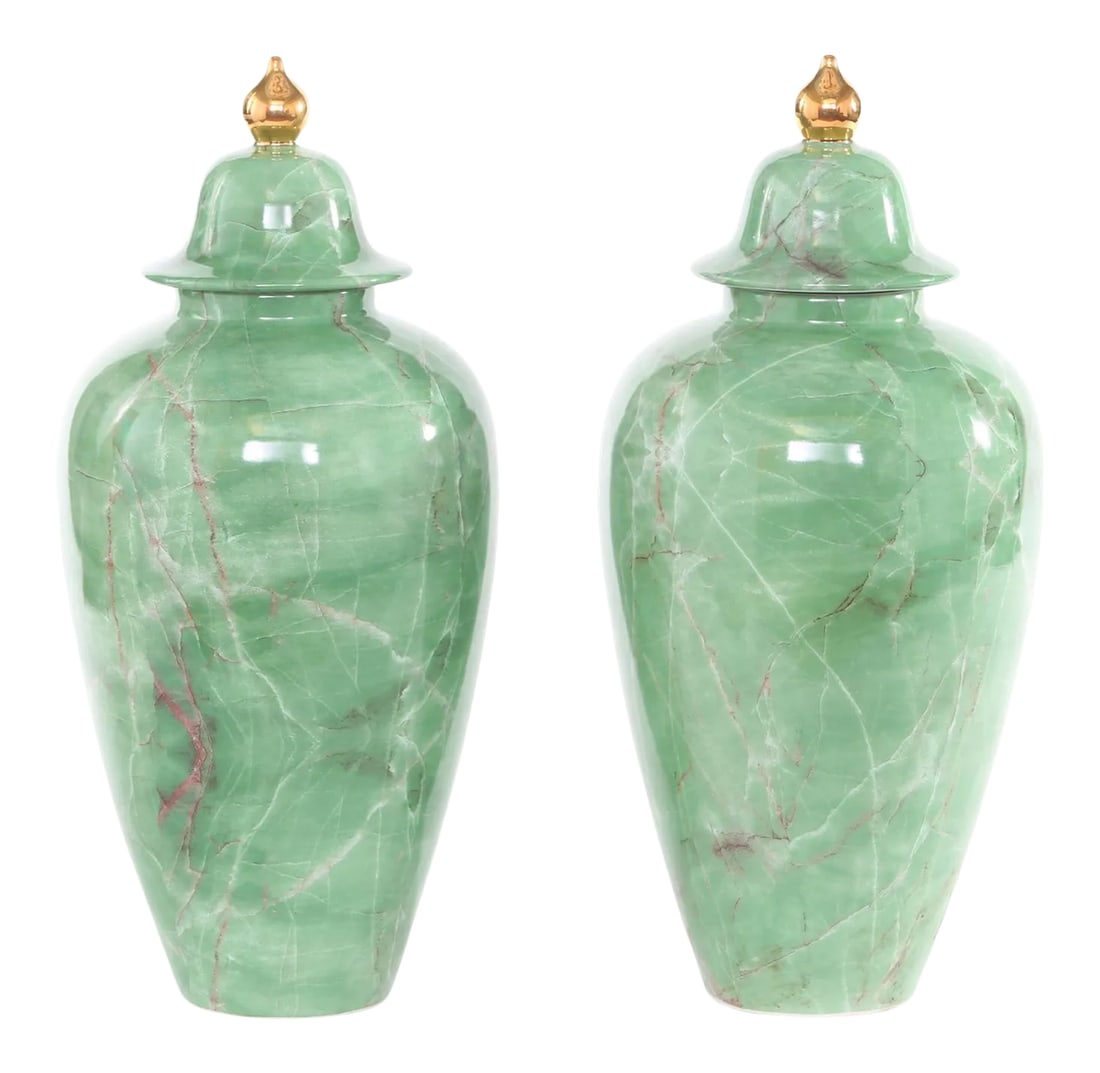 Mid Century Modern English Porcelain Covered Urns: Mid century modern art deco style English porcelain Covered pair decorative urns . Each one is in great condition . Minor wear consistent with age / use . Each urn stands about 19.5 inches tall X 10 i