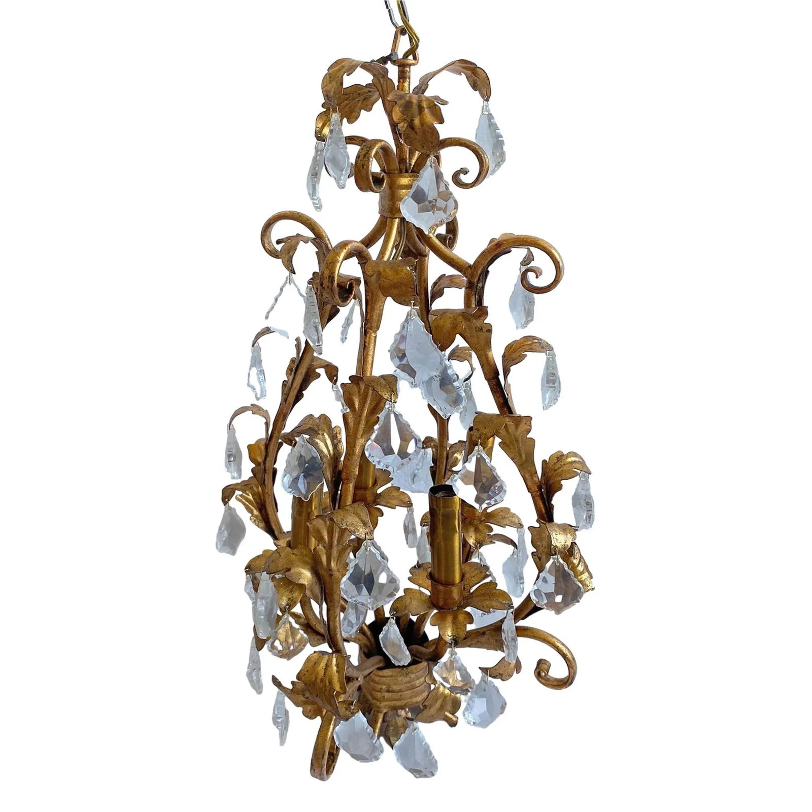 Mid-Century Modern Style 1950s Metal Old European Gilt Ligth Tole Chandelier With Crystals Art Cande - 2