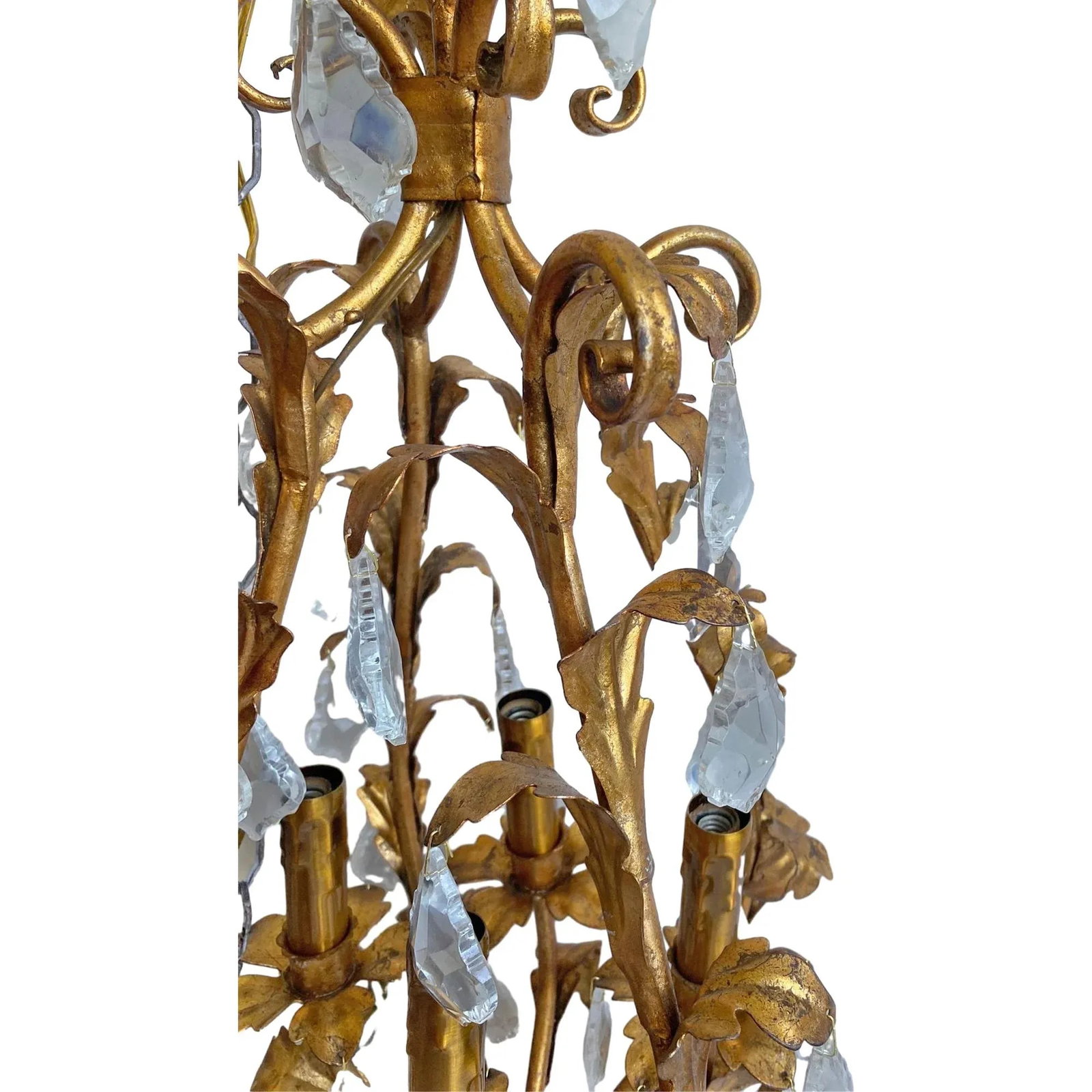 Mid-Century Modern Style 1950s Metal Old European Gilt Ligth Tole Chandelier With Crystals Art Cande - 3