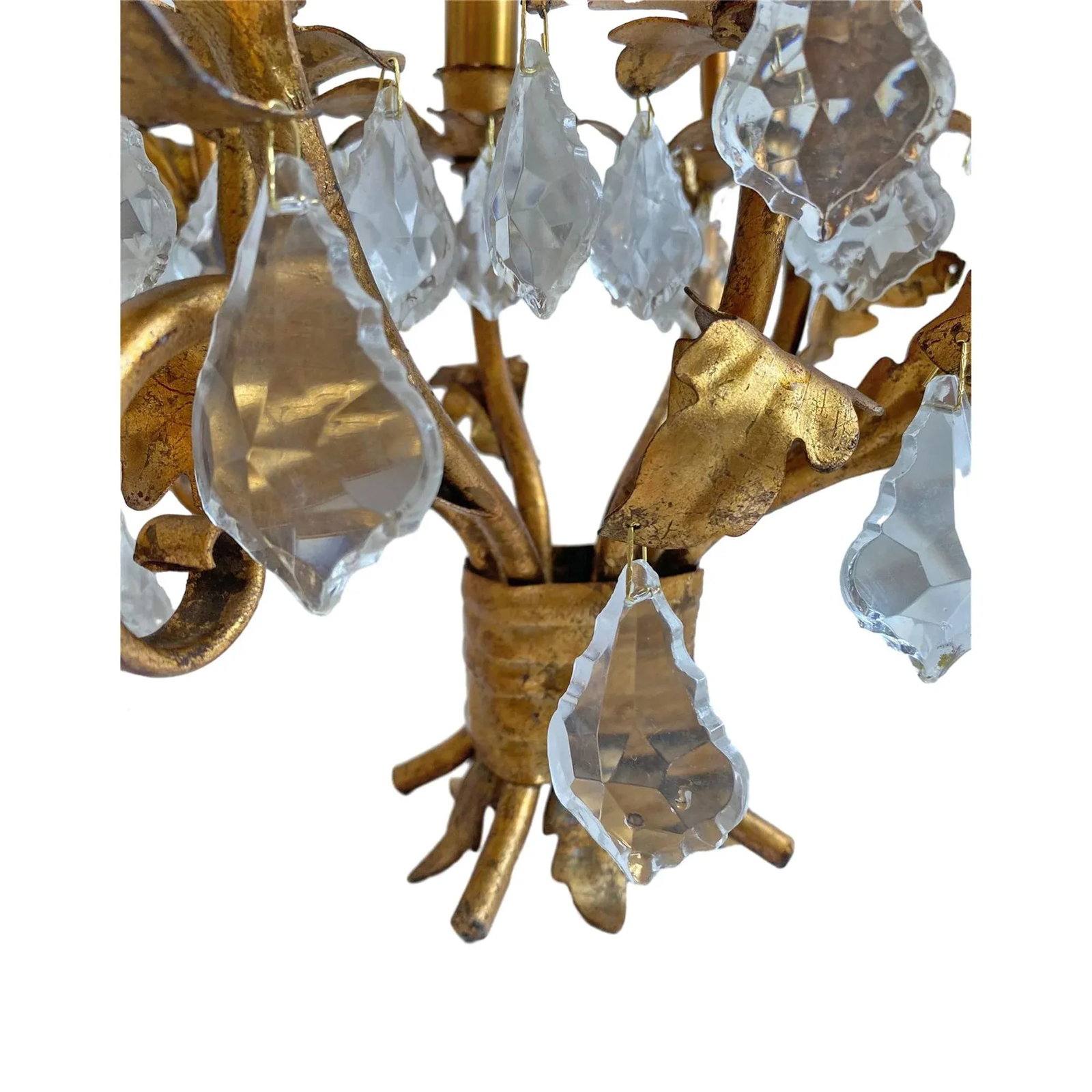 Mid-Century Modern Style 1950s Metal Old European Gilt Ligth Tole Chandelier With Crystals Art Cande - 4