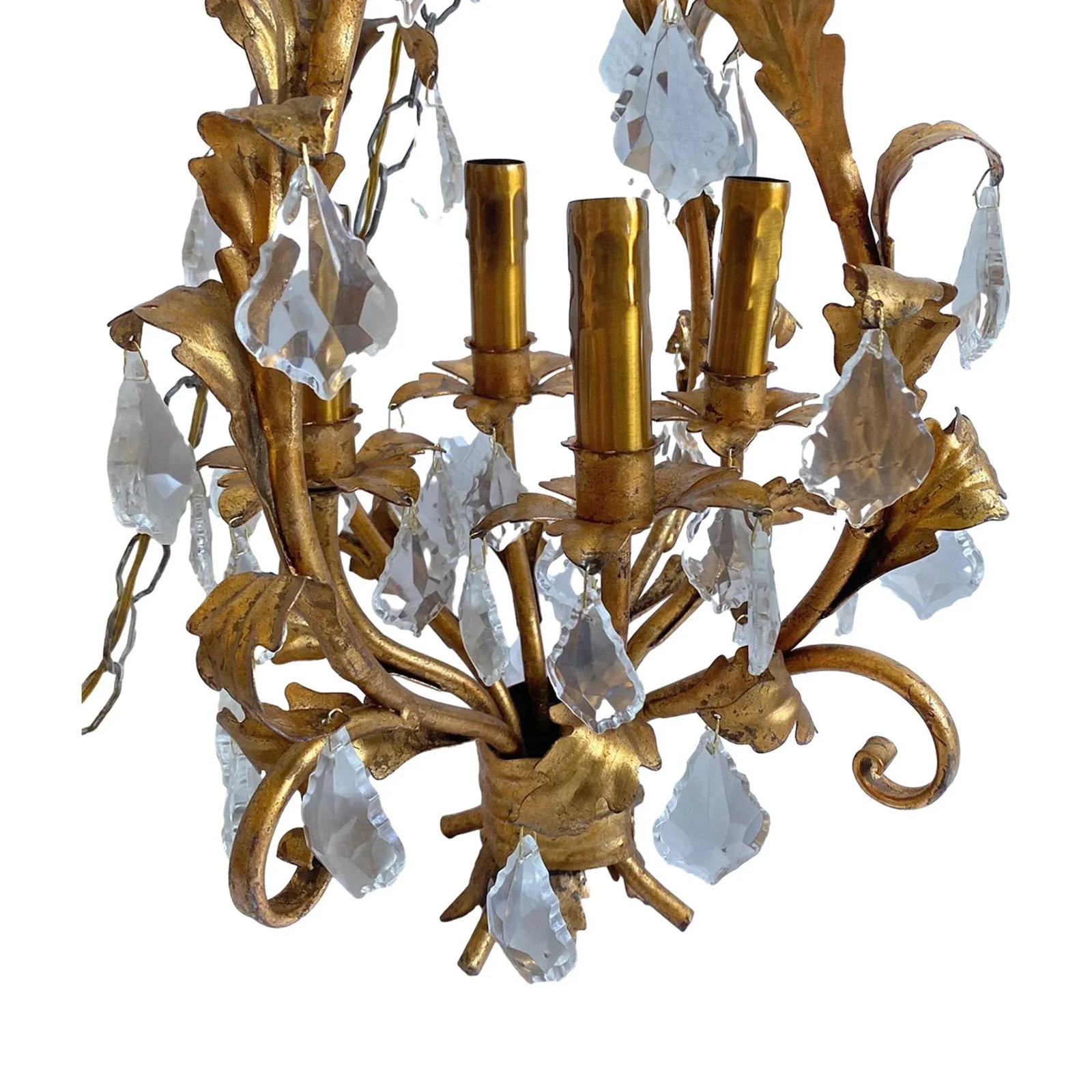 Mid-Century Modern Style 1950s Metal Old European Gilt Ligth Tole Chandelier With Crystals Art Cande - 5