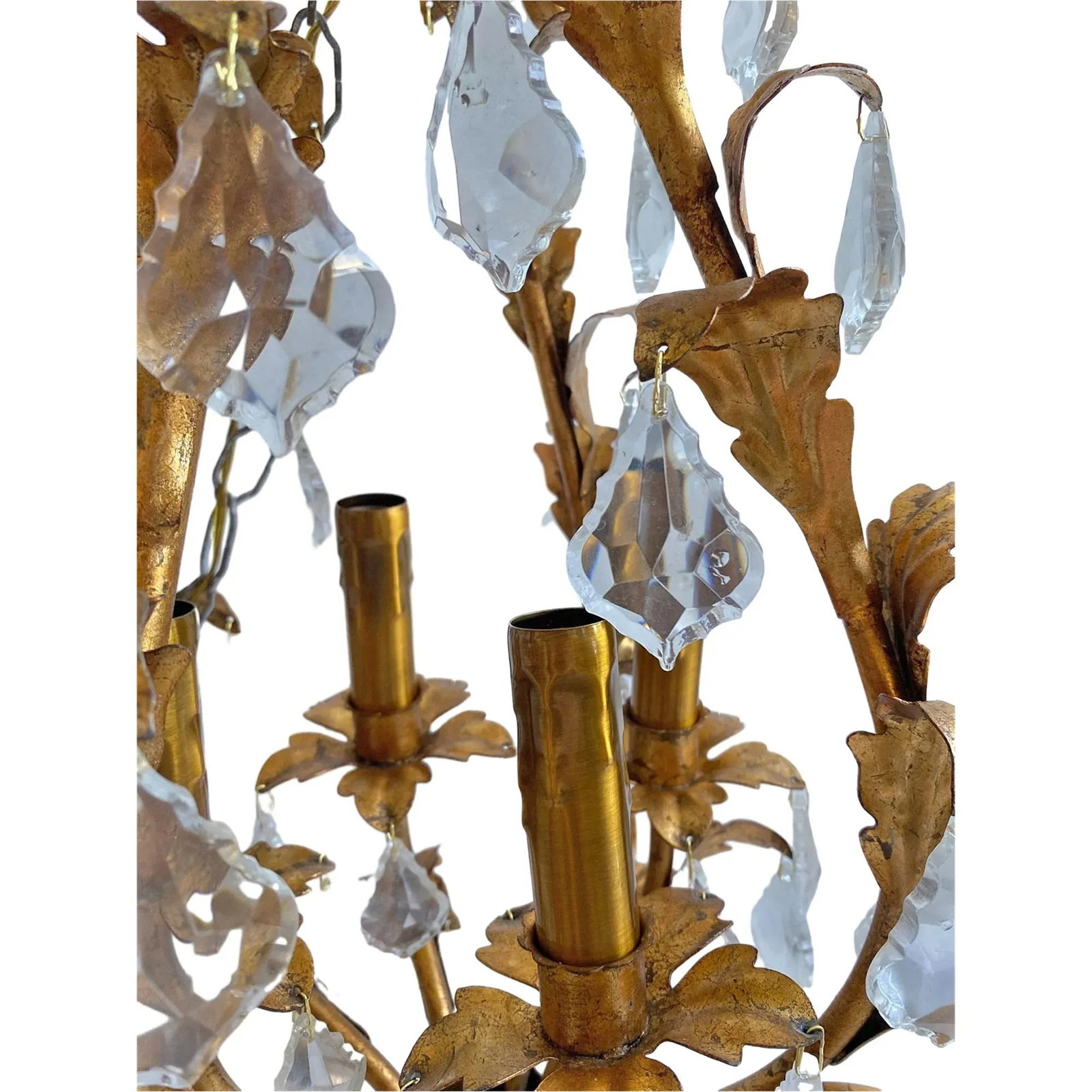 Mid-Century Modern Style 1950s Metal Old European Gilt Ligth Tole Chandelier With Crystals Art Cande - 6