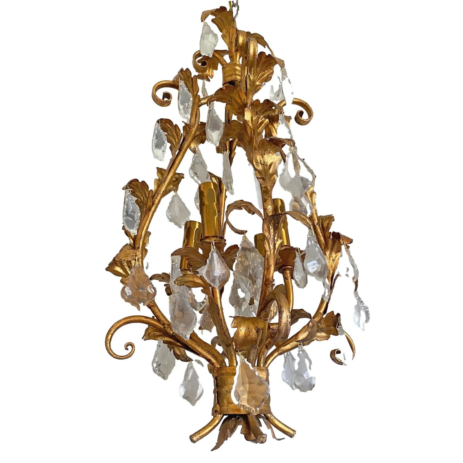 Mid-Century Modern Style 1950s Metal Old European Gilt Ligth Tole Chandelier With Crystals Art Cande - 7