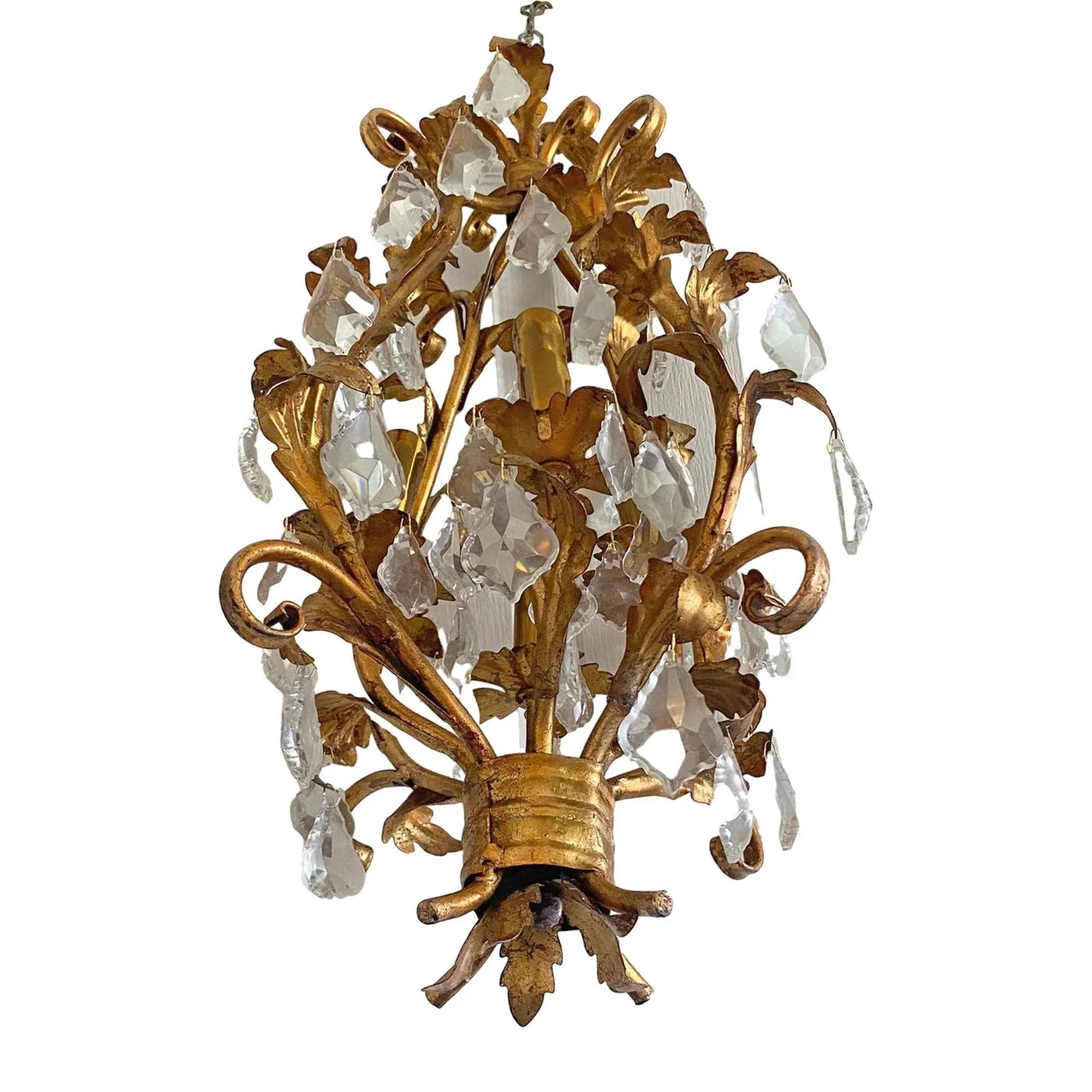 Mid-Century Modern Style 1950s Metal Old European Gilt Ligth Tole Chandelier With Crystals Art Cande - 8