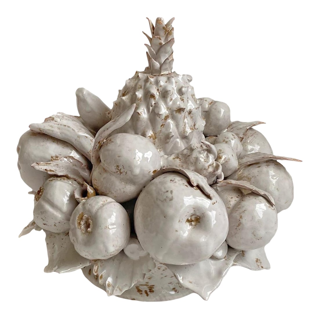 Vintage Italian Ceramic Fruit Topiary: Chinoiserie Kitchen Decor: A delightful accent piece, this fruit topiary makes a wonderful statement on a table, shelf, or sideboard. Its detailed craftsmanship artistry of traditional Italian ceramics. Condition: Alterations: 