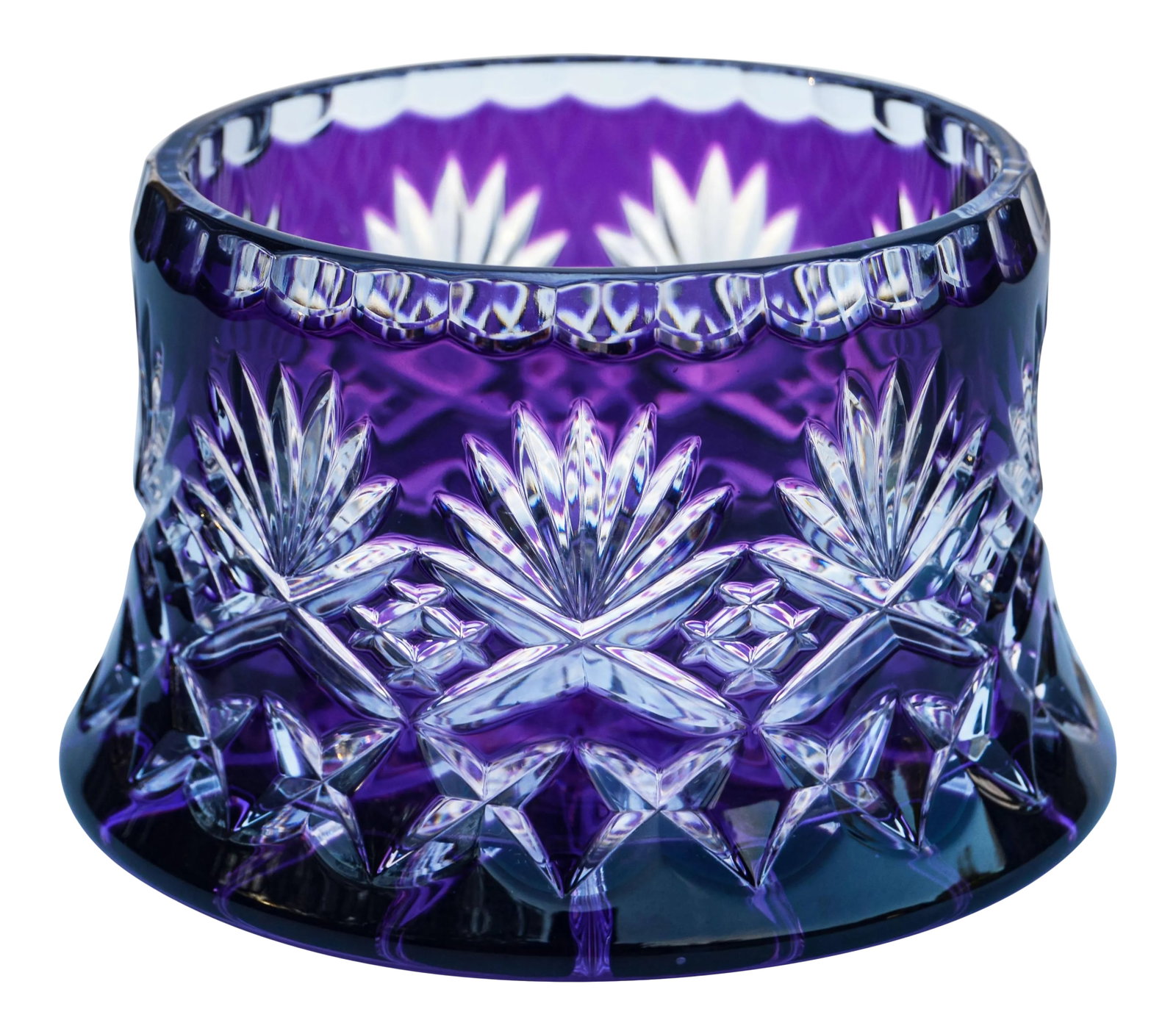 Amethyst Purple Crystal-Cut Vase: Midcentury clear and amethyst purple crystal vase, elegantly hand-cut with ornate details. Marked: Made in Poland. This gorgeous accent ships within 1-2 business days from purchase, and to be received