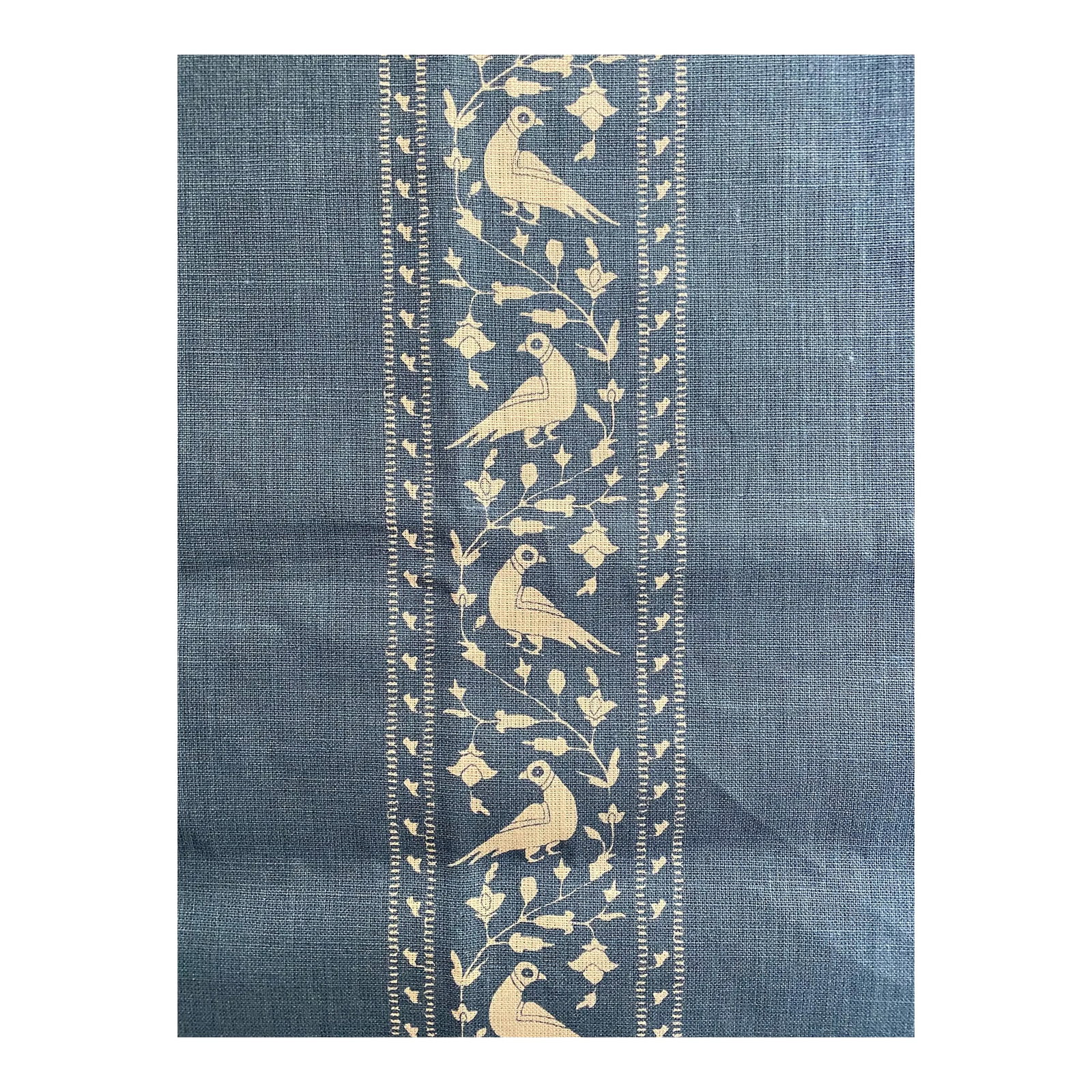 Shy Yard Remnant of Lisa Fine Baroda II Fabric in Indigo: 100% linen remnant of Lisa Fine's Baroda II in Indigo. Remnant is 27" wide and the full width - 52". Motif features a botanical bird stripe Condition: Alterations: Original Condition Unaltered