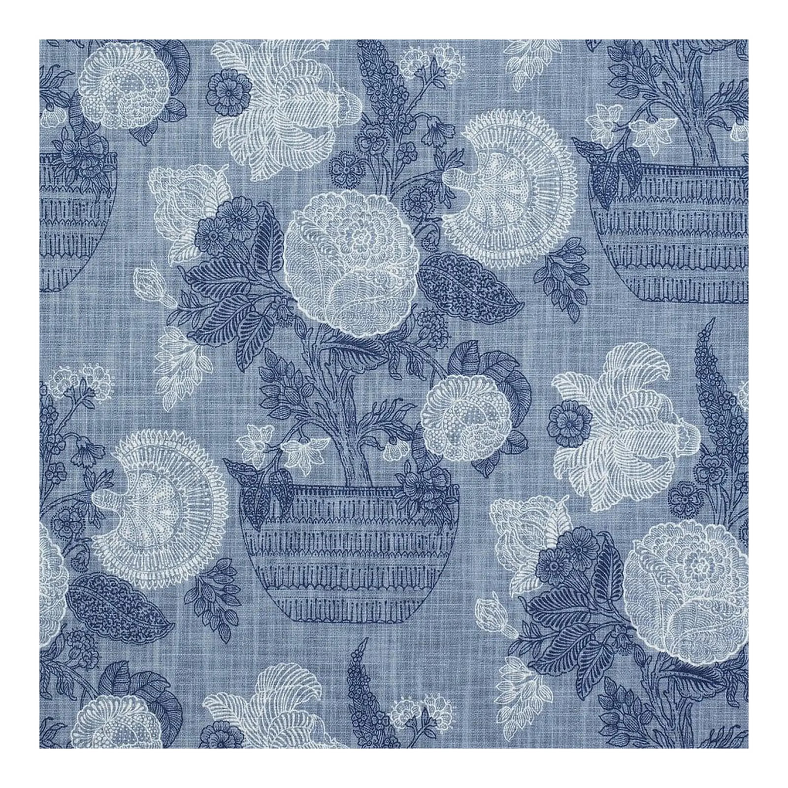 Shy Yard Remnant of Thibaut Tullamore Fabric in Blue: Luscious florals bloom in the alluring pottery in Tullamore, named after the country town in the midlands of Ireland. 100% Cotton Muslin. Rectangular remnant is full width and 27" long. Width: 54" Len