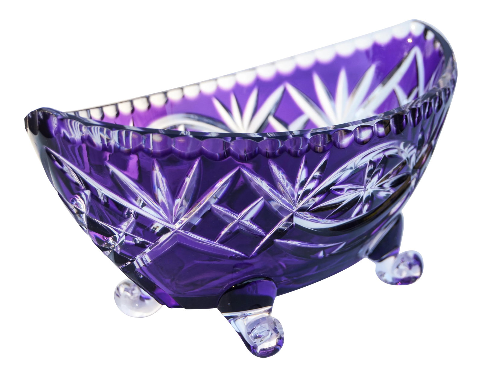 Amethyst Purple Crystal-Cut Footed Bowl: Midcentury clear and amethyst purple crystal footed bowl, elegantly hand-cut with ornate details. Marked: Made in Poland. This gorgeous accent ships within 1-2 business days from purchase, and to be r