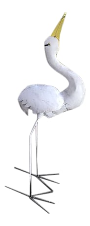 Vintage Mid-Century Mod Iron Heron White Coastal Egret Yard Statue: A white heron or coastal egret makes the perfect yard ornament. This iron avian came from an estate sale in Palos Verdes where it stood for years. It is mid century modern, and others like it were