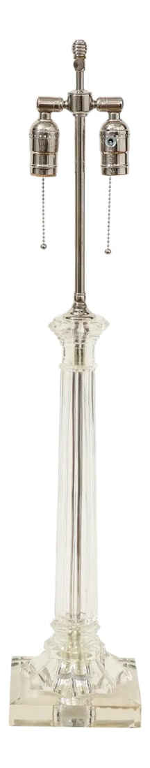 Lucite Column Table Lamp: With nickel adjustable rod and two light sockets; the column articulated with capital and base, on a square plinth. Height to top of column is 18.25". Condition: Alterations: Unknown Imperfections: So