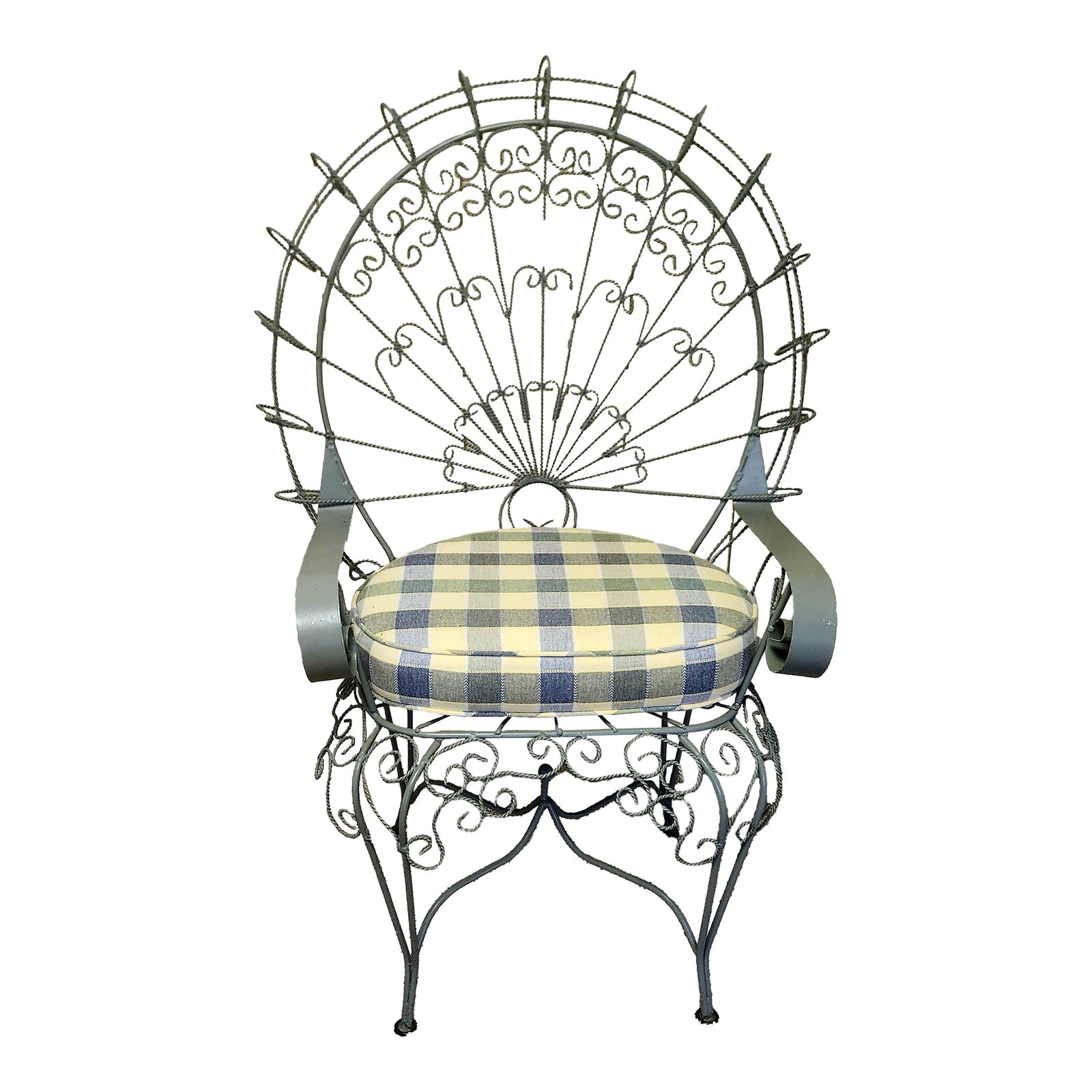 Vintage Salterini Peacock Ornate Iron Patio Chair, Attributed: dramatic peacock chair attributed to Salterini, circa 1950s, ornate wrought iron painted grey, wide flat arms for comfort, reversible cushion with zip-off cover, unmarked over all dimensions 33 1/2 wi