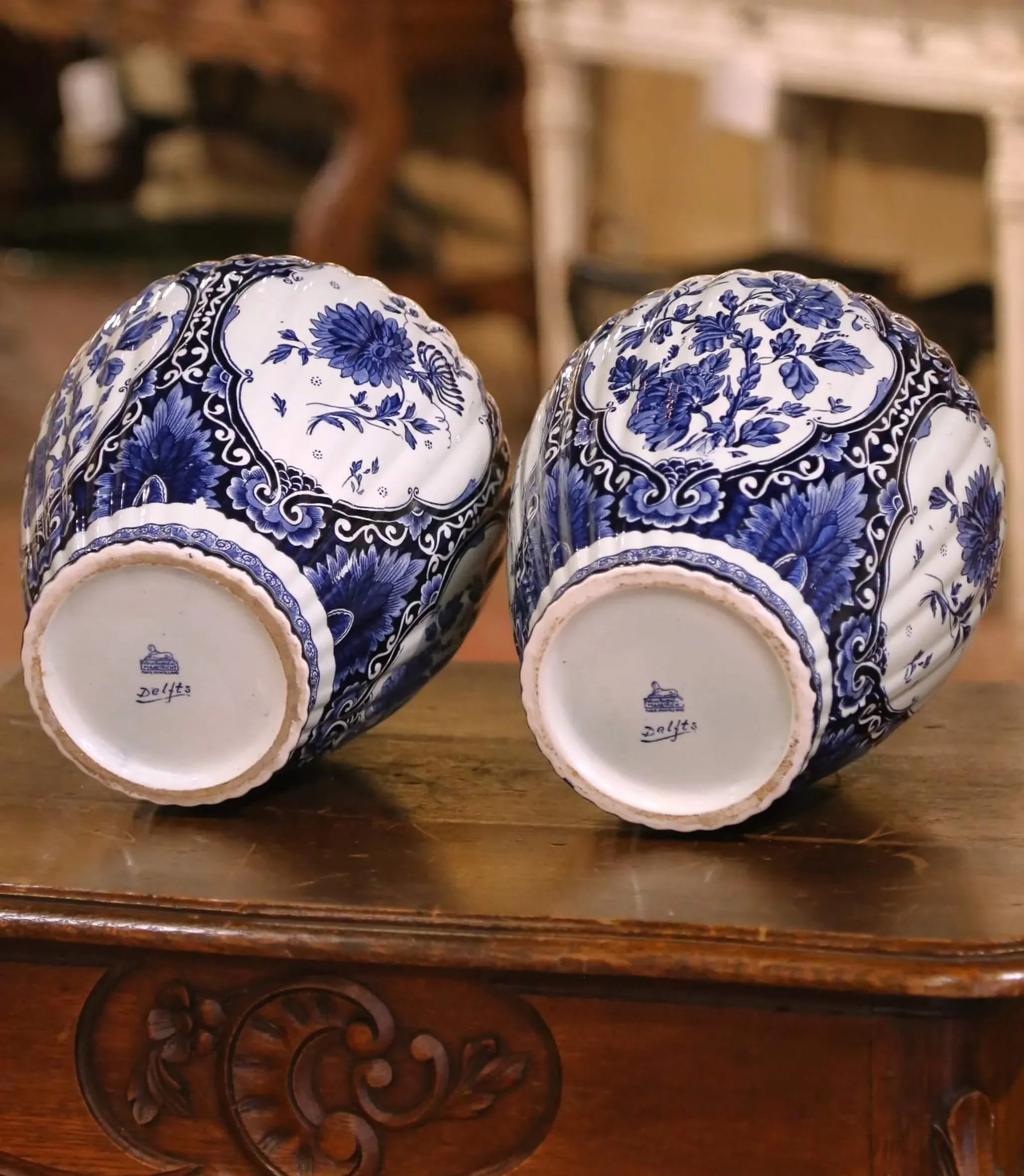 Pair of Mid 20th Century Blue and White Royal Sphinx Delft Ginger Jars With Foo Dog Lids - 10