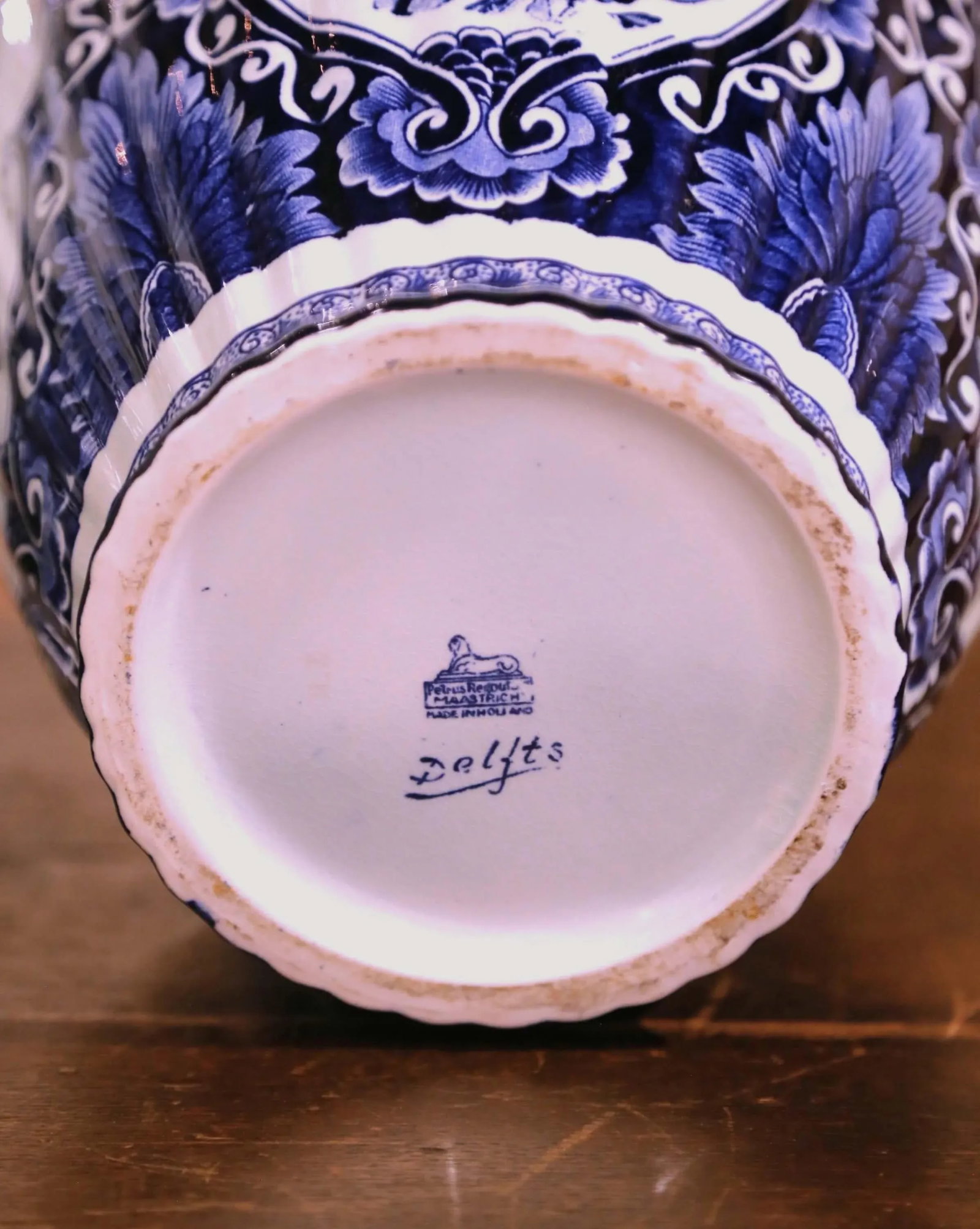 Pair of Mid 20th Century Blue and White Royal Sphinx Delft Ginger Jars With Foo Dog Lids - 11
