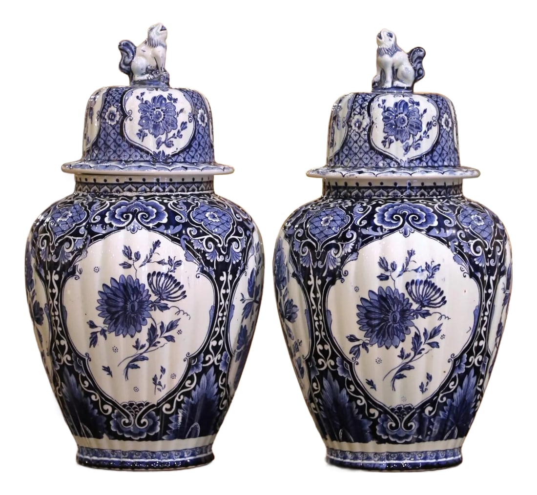 Pair of Mid 20th Century Blue and White Royal Sphinx Delft Ginger Jars With Foo Dog Lids (1 of 11)