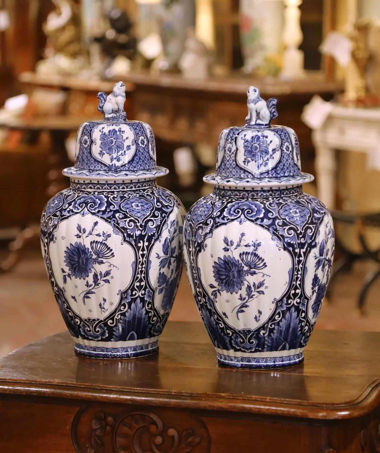 Pair of Mid 20th Century Blue and White Royal Sphinx Delft Ginger Jars With Foo Dog Lids - 2