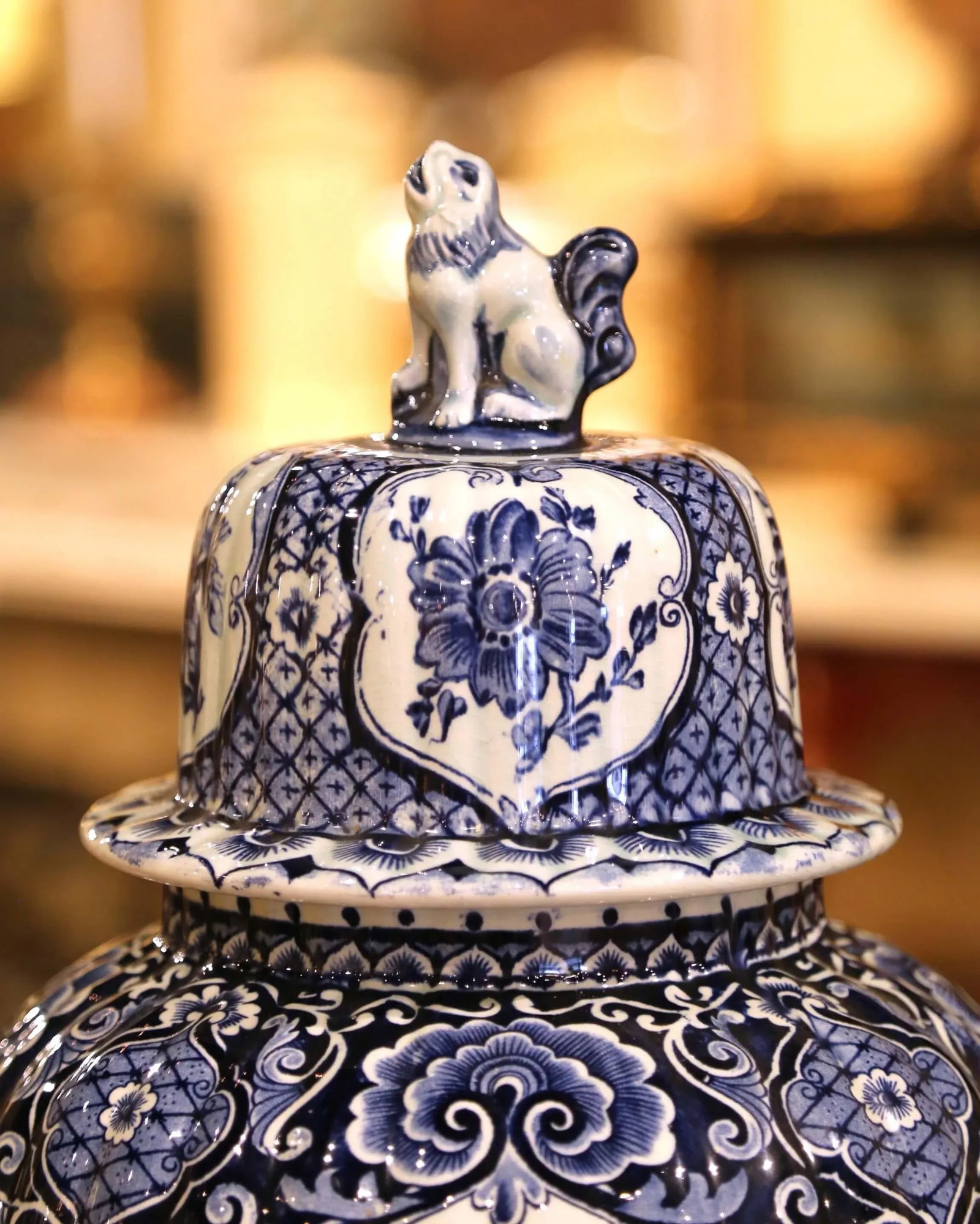 Pair of Mid 20th Century Blue and White Royal Sphinx Delft Ginger Jars With Foo Dog Lids - 3
