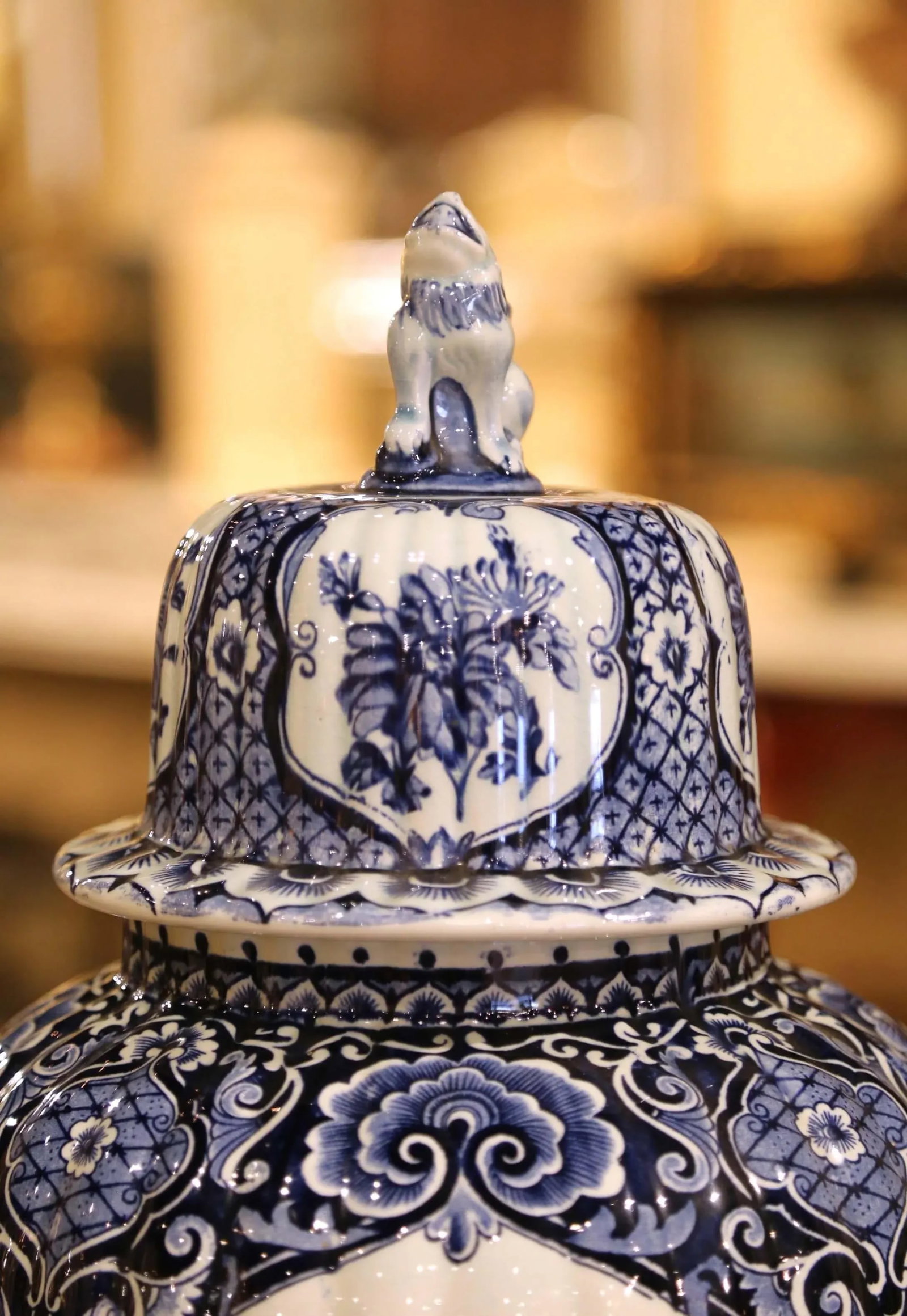 Pair of Mid 20th Century Blue and White Royal Sphinx Delft Ginger Jars With Foo Dog Lids - 4