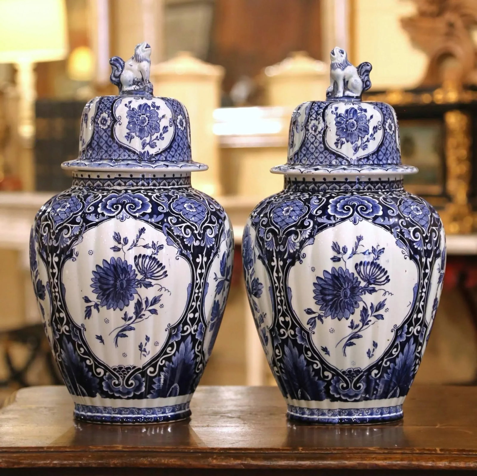 Pair of Mid 20th Century Blue and White Royal Sphinx Delft Ginger Jars With Foo Dog Lids - 5
