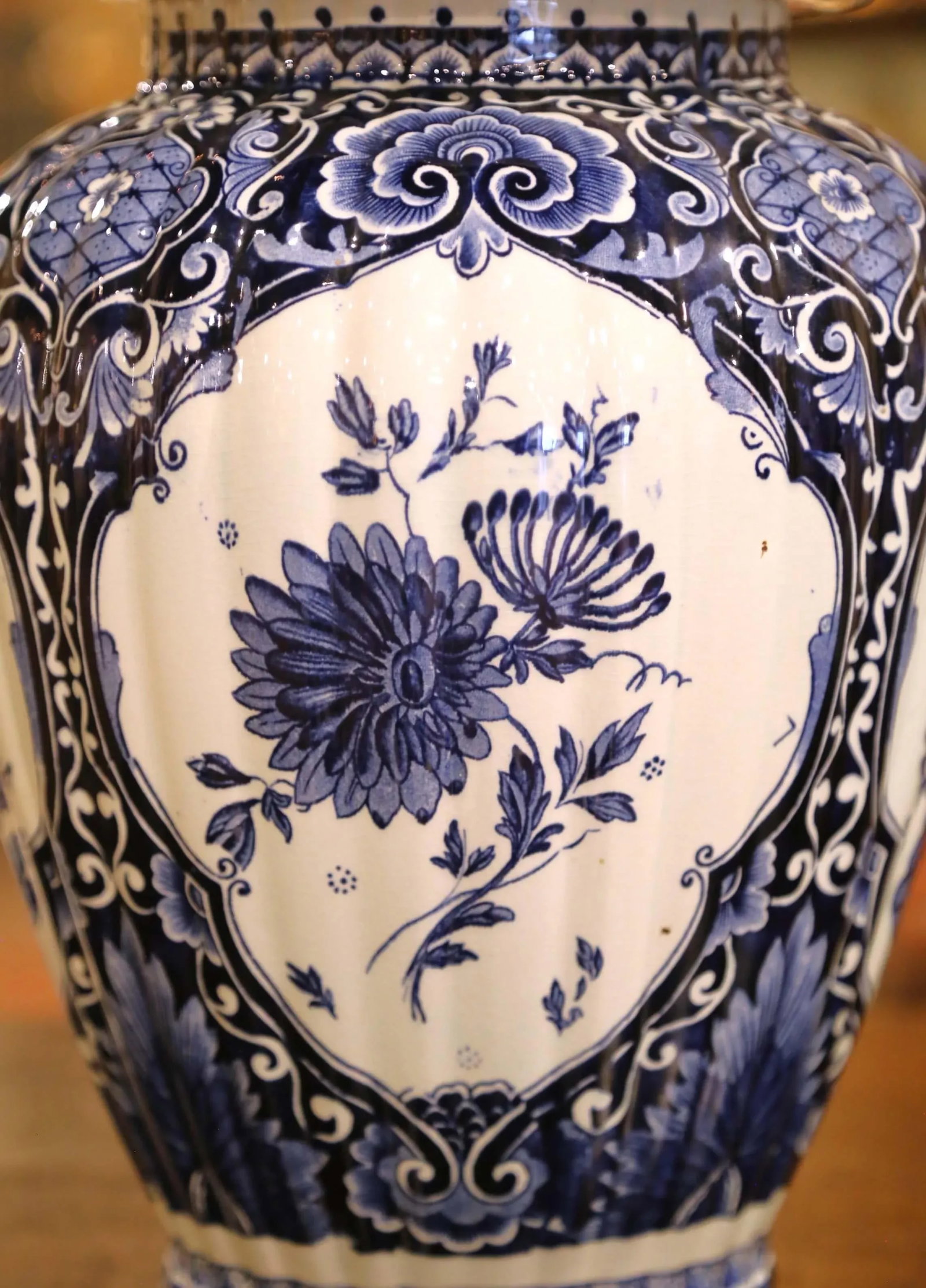 Pair of Mid 20th Century Blue and White Royal Sphinx Delft Ginger Jars With Foo Dog Lids - 6
