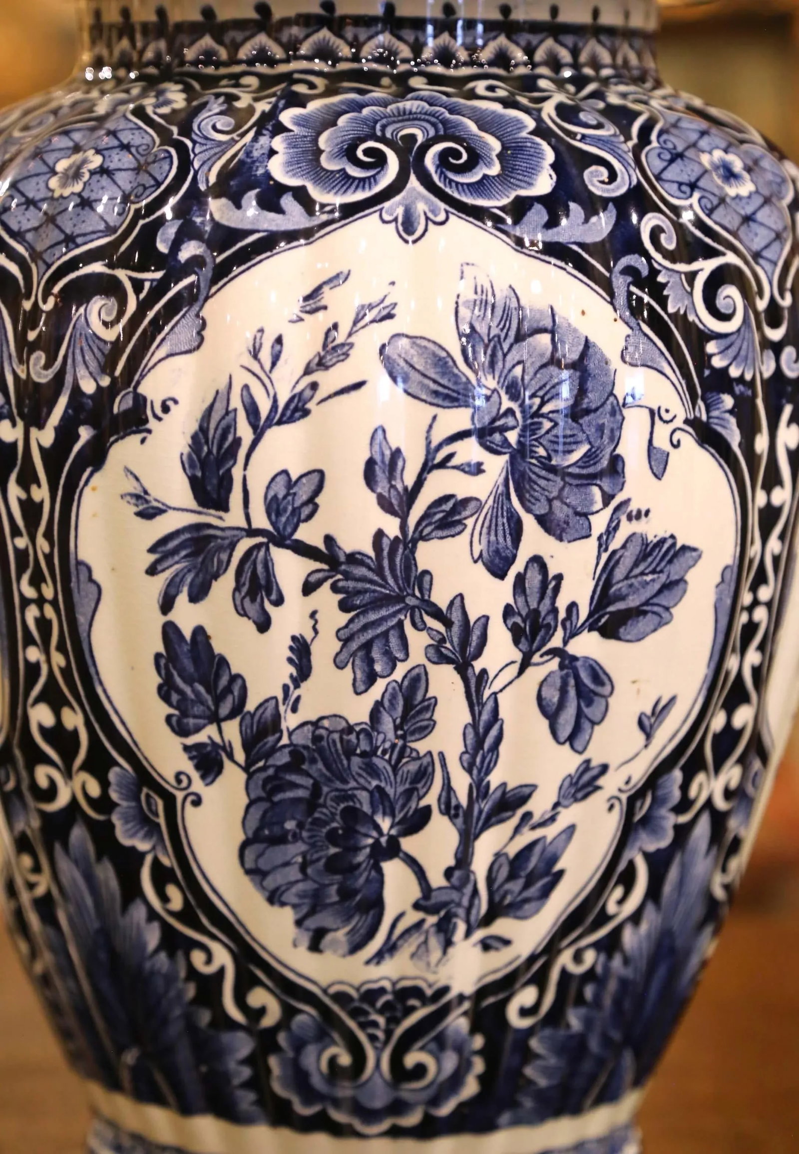 Pair of Mid 20th Century Blue and White Royal Sphinx Delft Ginger Jars With Foo Dog Lids - 7