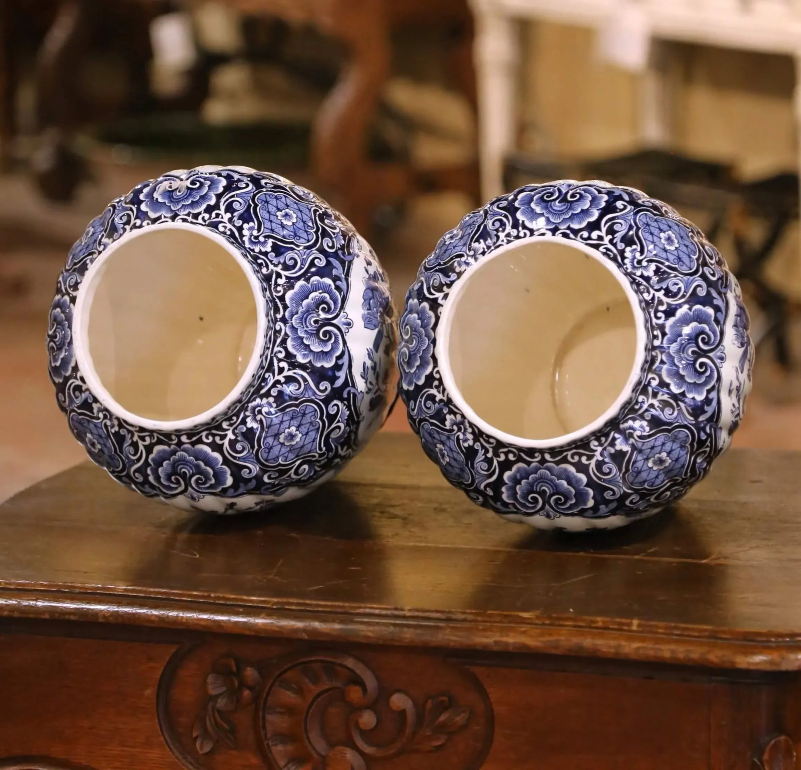 Pair of Mid 20th Century Blue and White Royal Sphinx Delft Ginger Jars With Foo Dog Lids - 9