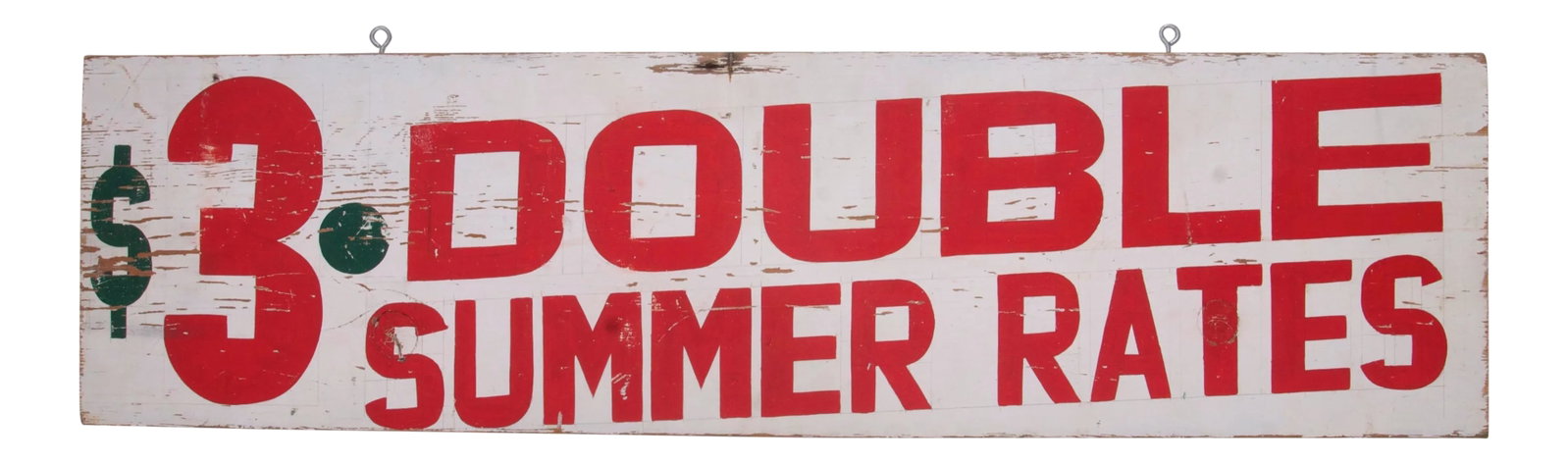 Vintage $3 Double Summer Rates Sign: Circa 1950s two-sided hand lettered red, white and green motel sign for $3 Double Summer Rates found in Maine. Sign is hand painted on single pine board. Sign has original eye hooks for hanging.