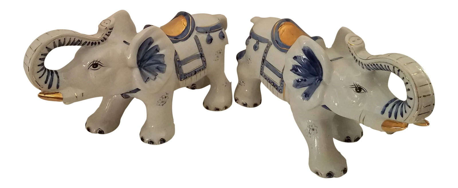 Vintage 1970s Chinoiserie Large Glazed Ceramic Hand Painted Blue & White Elephants Figurines - a Pai: Vintage glazed ceramic hand painted blue & white chinoiserie elephants a pair. What unusual twin elephants these are. Hand painted blue & white floral and decorative designs. Gold gilt paint