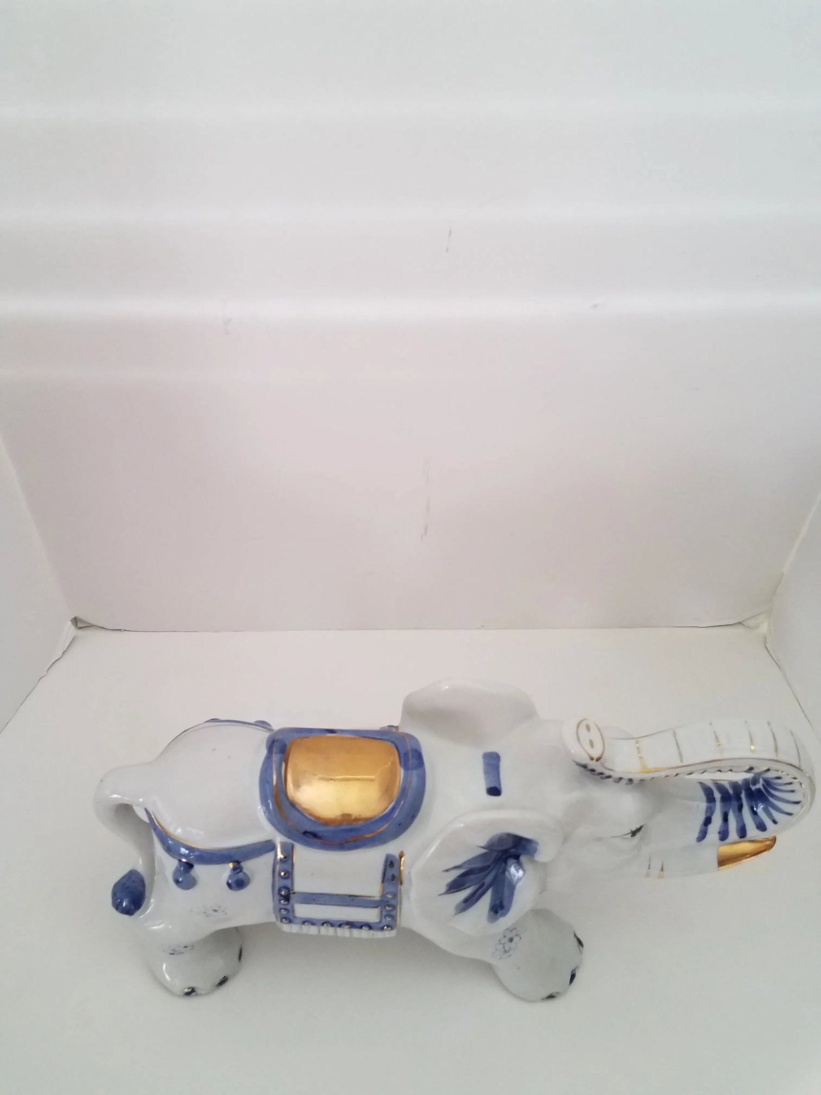 Vintage 1970s Chinoiserie Large Glazed Ceramic Hand Painted Blue & White Elephants Figurines - a Pai - 3