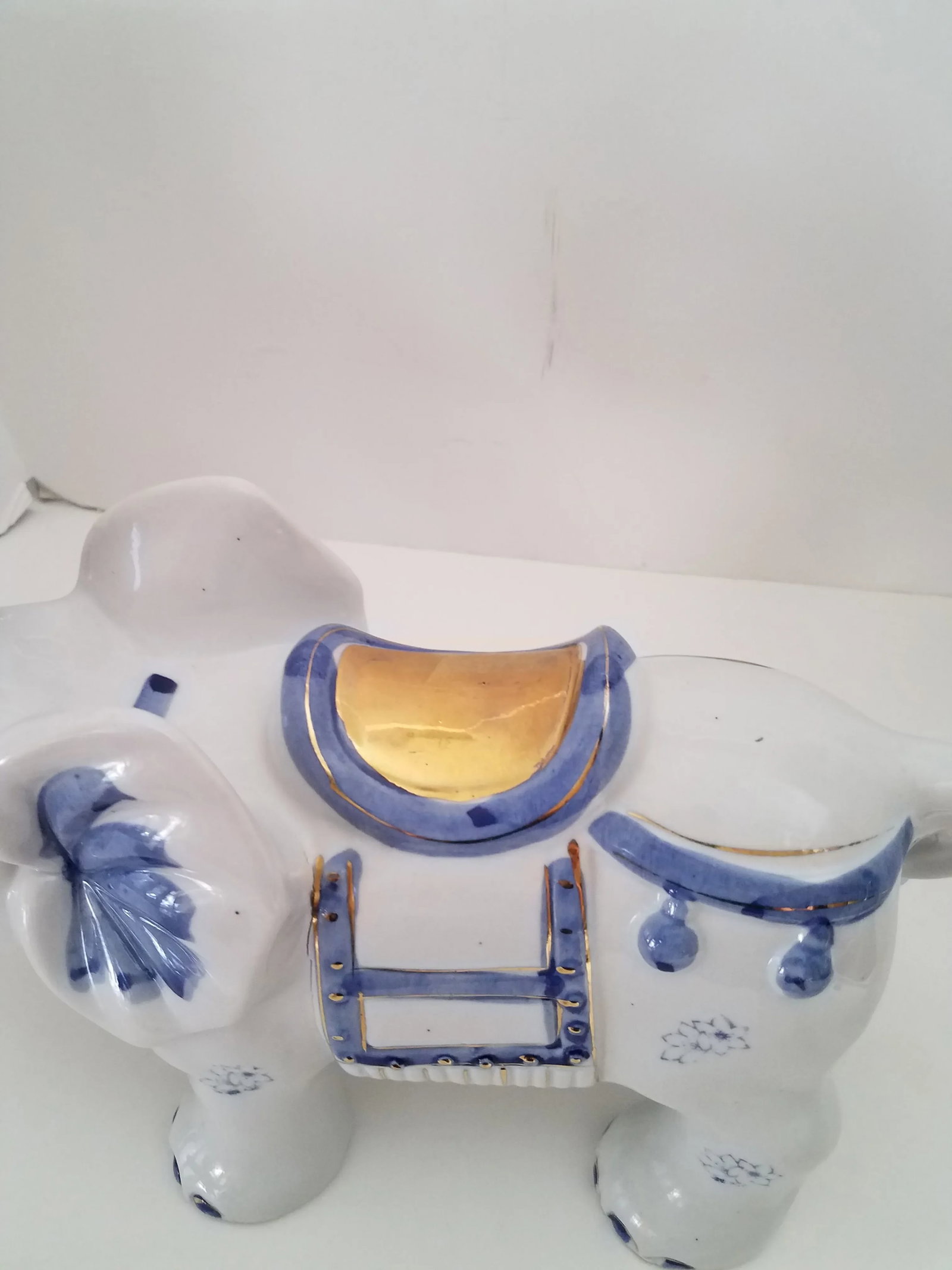 Vintage 1970s Chinoiserie Large Glazed Ceramic Hand Painted Blue & White Elephants Figurines - a Pai - 5