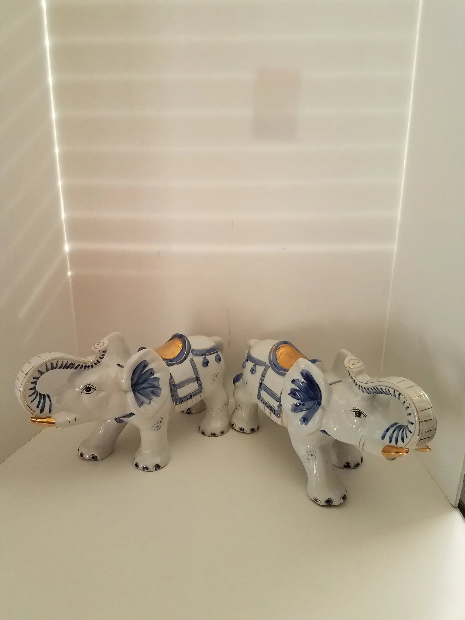Vintage 1970s Chinoiserie Large Glazed Ceramic Hand Painted Blue & White Elephants Figurines - a Pai - 8