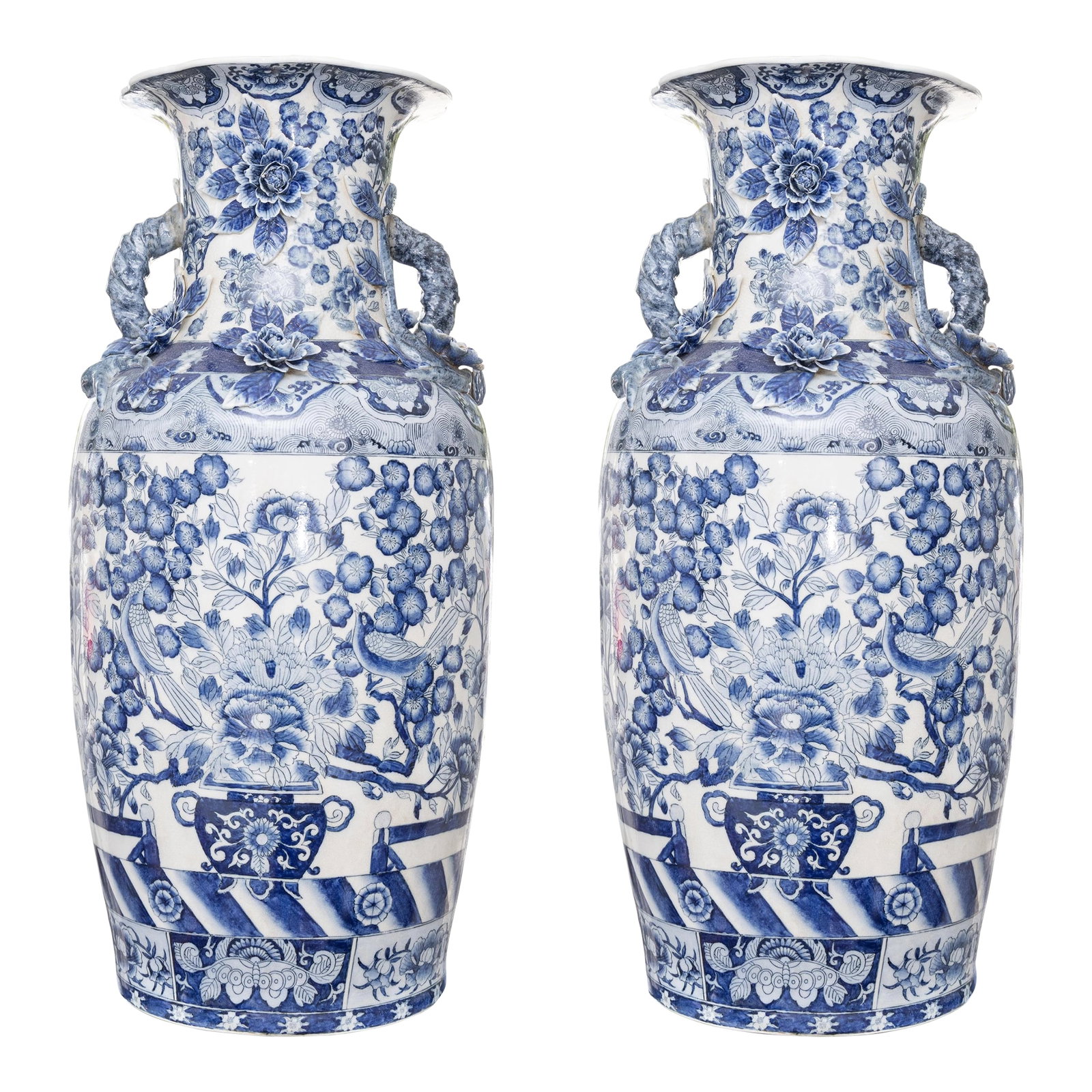 Pair of Large Palace Style Vintage Blue and White Chinese Urns (1 of 9)
