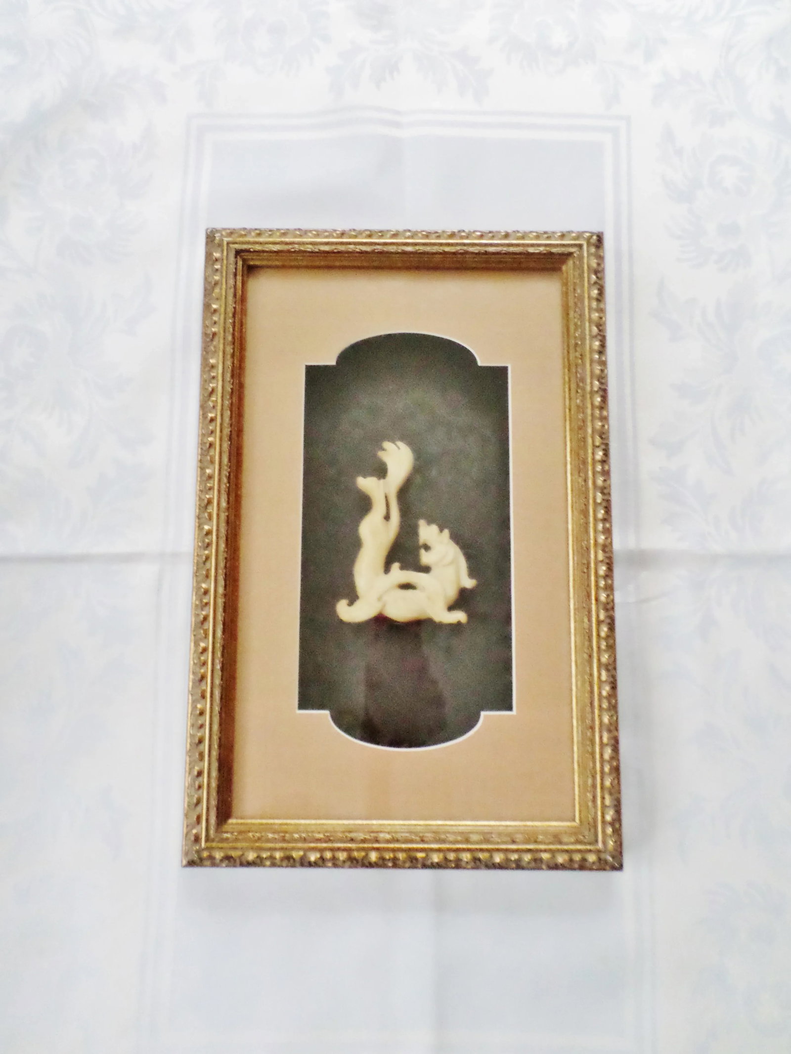 1960s Chinese Jade or Hardstone Dragon Mounted in Gold Tone Shadow Box Frame - 11