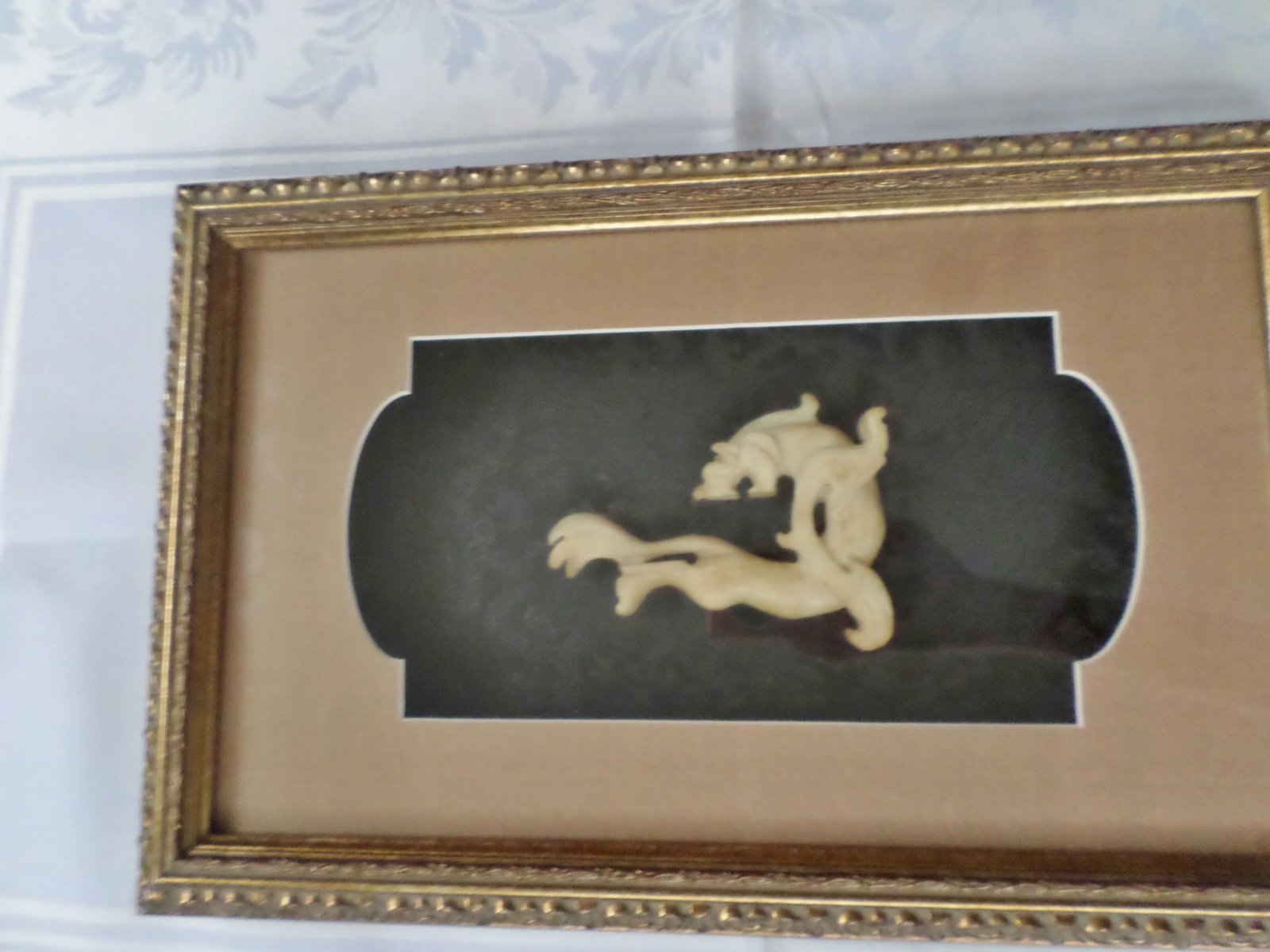 1960s Chinese Jade or Hardstone Dragon Mounted in Gold Tone Shadow Box Frame - 4