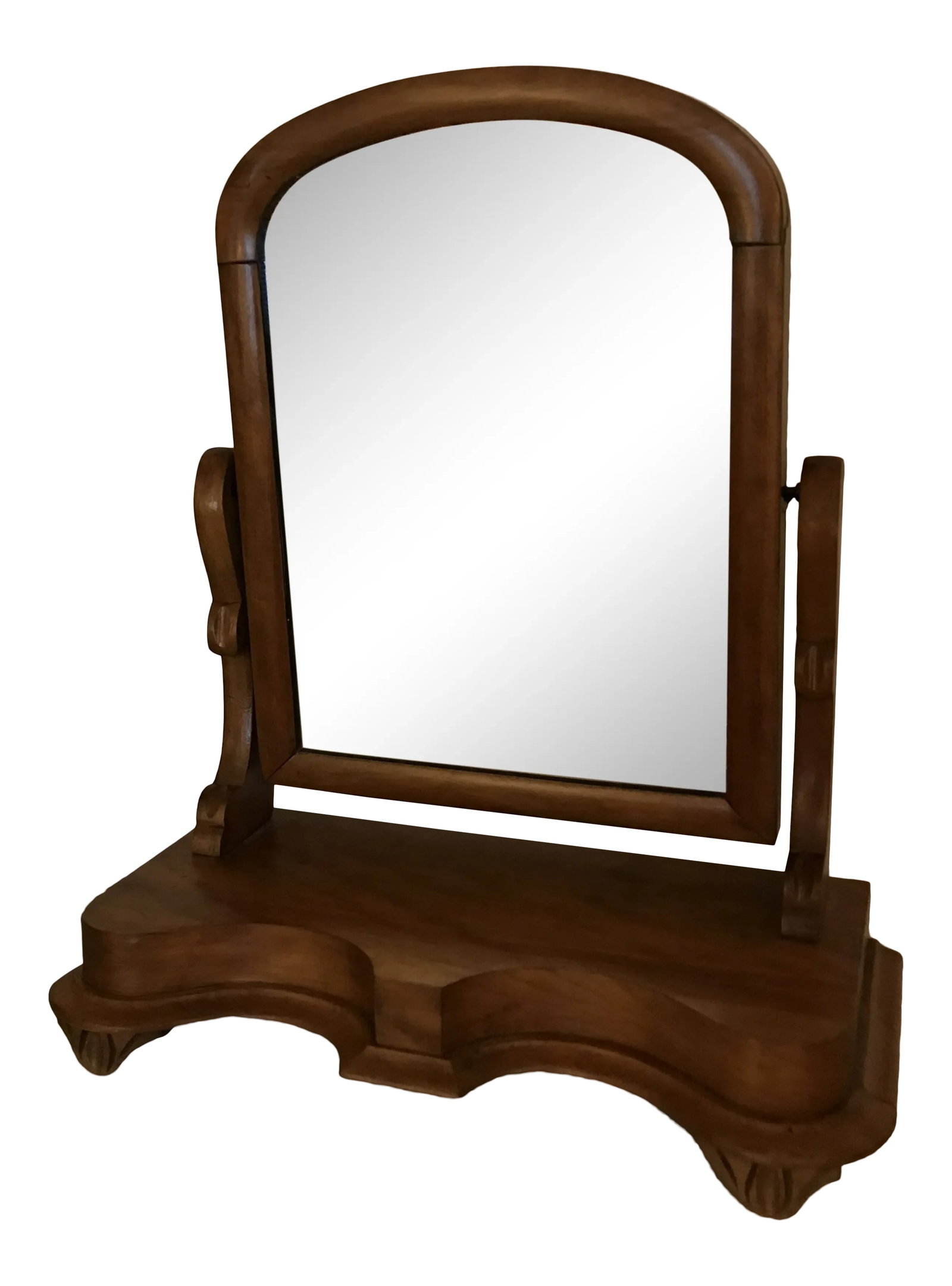 Antique Dresser Top Mirror: Charming Antique dresser top mirror in a warm aged maple. The arch shaped mirror attached to a scalloped footed base, Circa 1900 22 inches tall, 19.5 inches wide, 8.25 inches deep. Very slight aging
