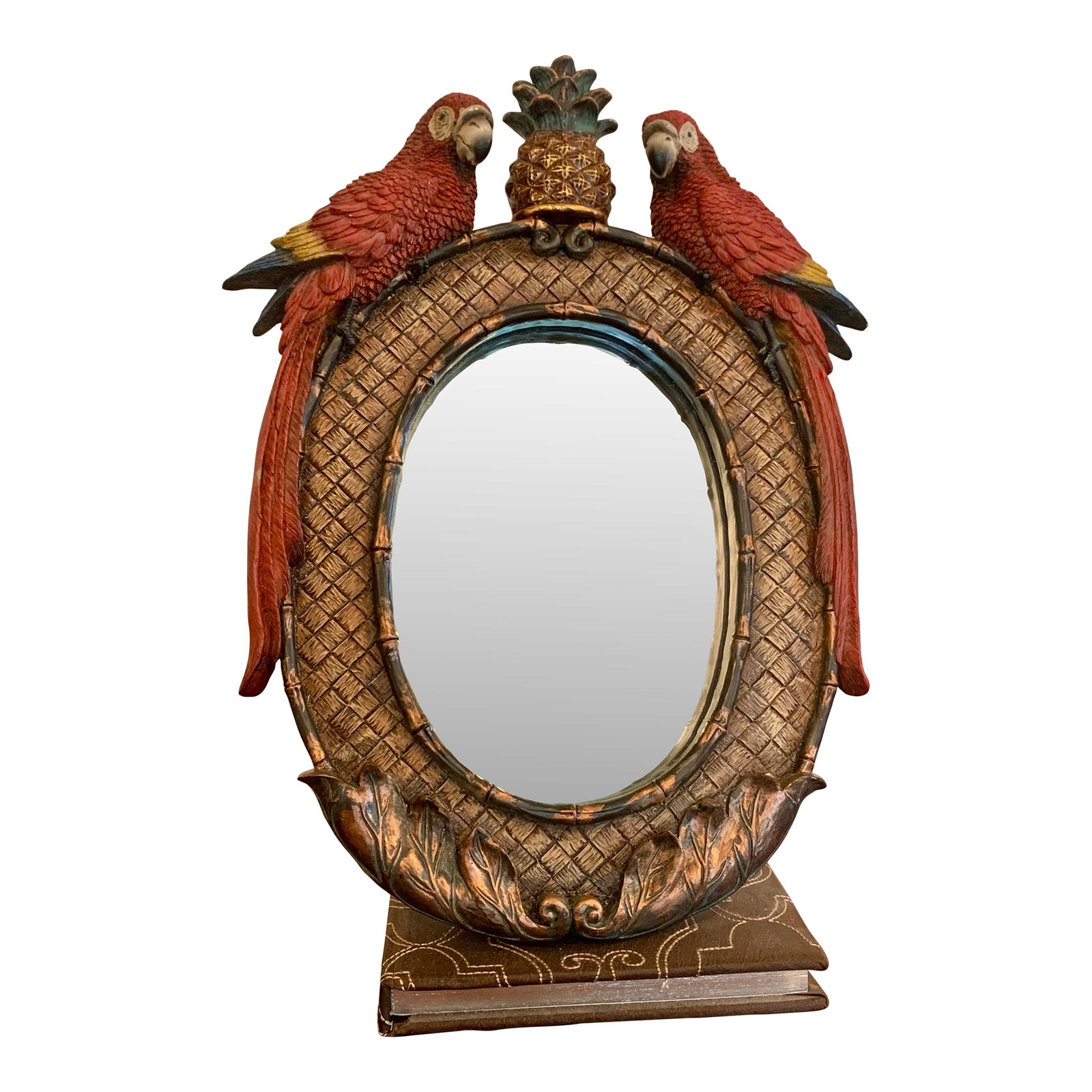 Vintage Parrot Standing Vanity Mirror: Whimsical Mirror with Colorful Parrots. Can be used on a tabletop or hung on the wall. Condition: Alterations: Original Condition Unaltered Imperfections: Some Imperfections Condition Notes: Minor
