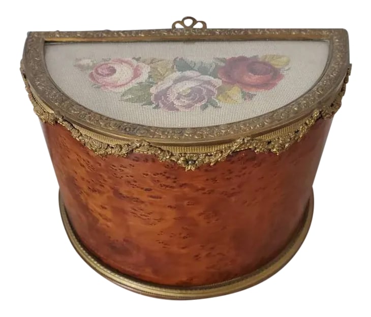 19th Century French Belle Epoch Revolving Door Demilune Decorative Box: A charming, rare, fine quality French demilune decorative box from the late 19th century, finished in stunning, rich briar elm burl inlays, the half-moon shaped bentwood revolving door decorative desk