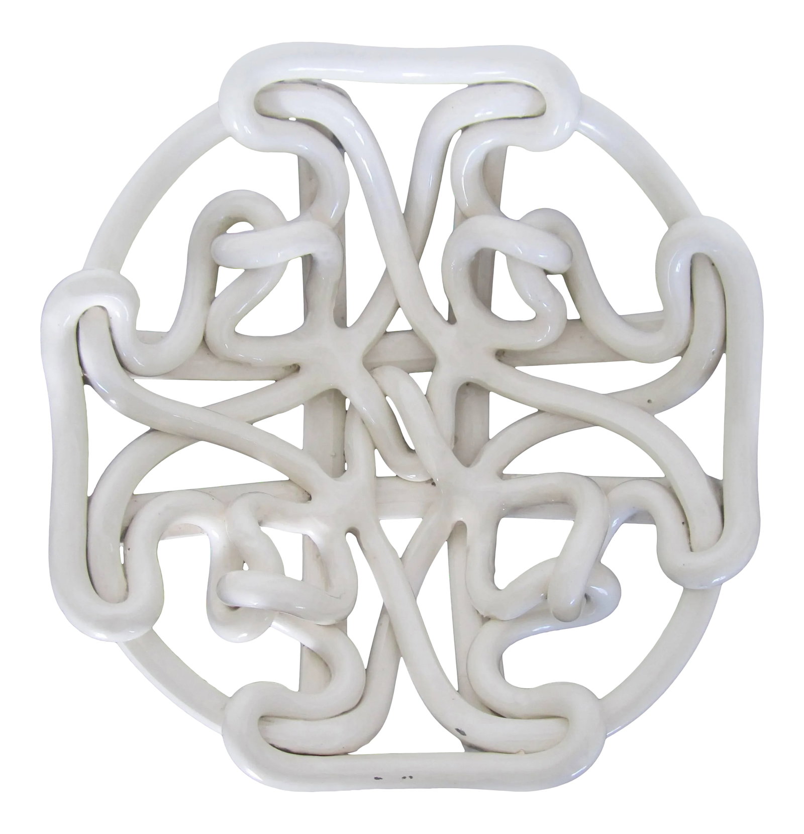White Woven Wicker Pottery Ceramic Centerpiece Bowl: A striking round white/off-white 'woven' 'wicker' ceramic pottery centerpiece bowl with a soft edge, circa late-20th to early aughts 2000s. Beautiful as a standalone piece or fill with fruit,