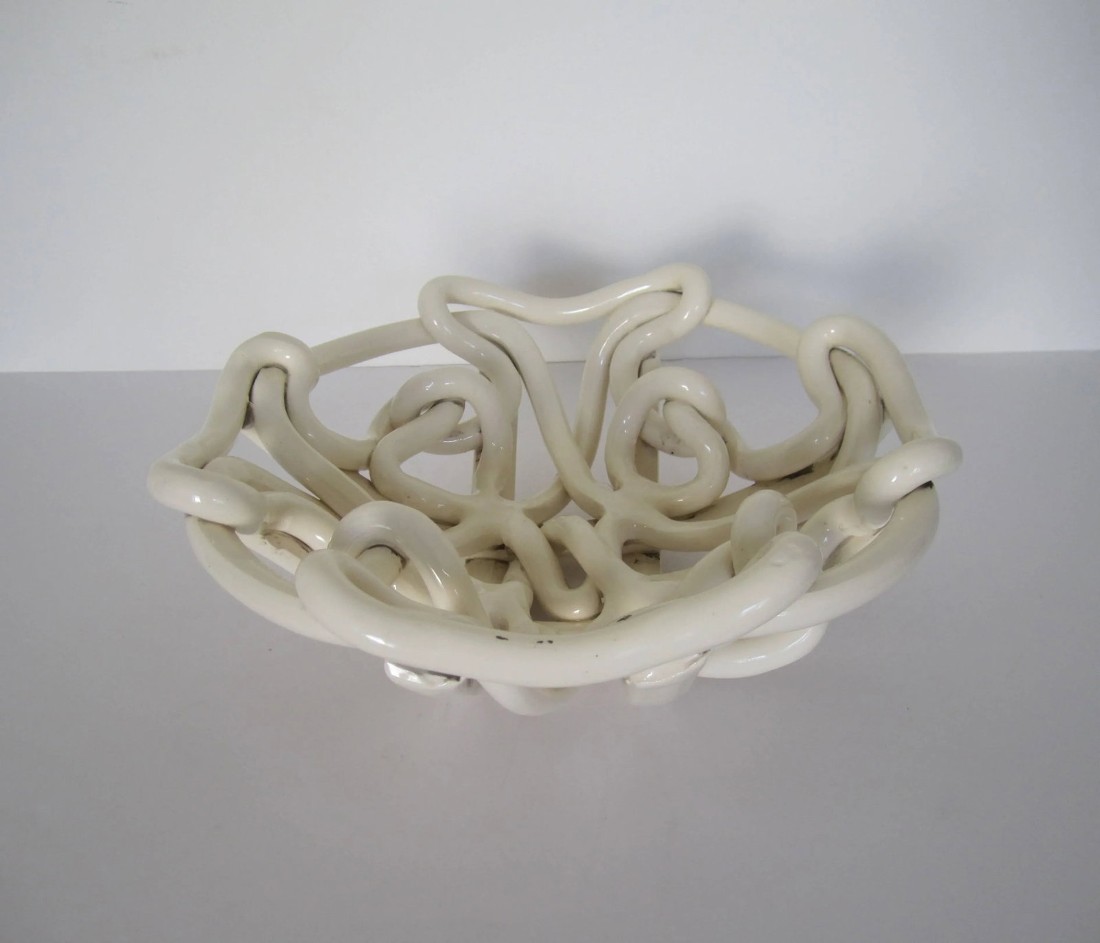 White Woven Wicker Pottery Ceramic Centerpiece Bowl - 5