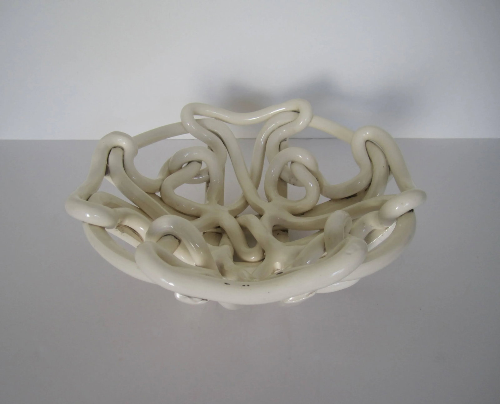 White Woven Wicker Pottery Ceramic Centerpiece Bowl - 7