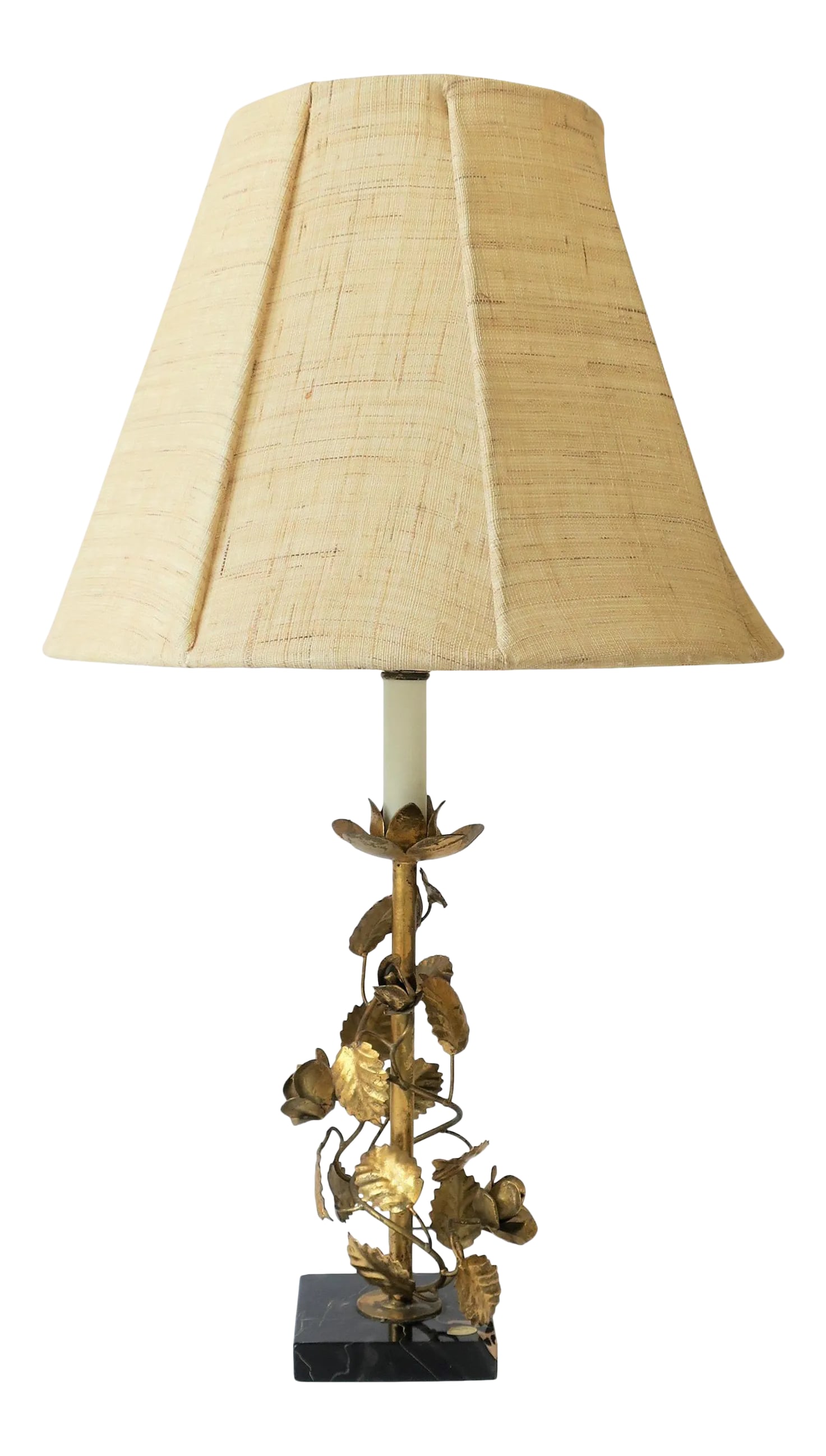 Italian Gold Gilt Tole and Black Marble Table Lamp: A beautiful Mid-20th century Italian gold gilt tole and black marble table or desk lamp, Italy, circa 1960s. Gilt tole is a combination of flowers and leaves and the 1" think black marble base has