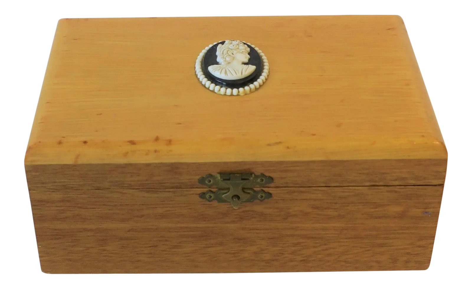 Decorative or Jewelry Box with Black and White Cameo Design: A beautiful blonde wood box with black and white Cameo design. Interior is cobalt blue velvet lined. Cameo is a resin or composite material. A great piece as decorative or to hold jewelry (as demonstr