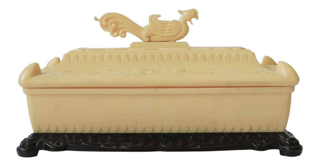 Phoenix Bird and Dragon Box: A black and white (off-white) phoenix bird and dragon decorative box with lid, circa mid-20th century, China. Box is a nice size measuring: 4.25" D x 8.25" W x 4.5" H Condition: Alterations: Original